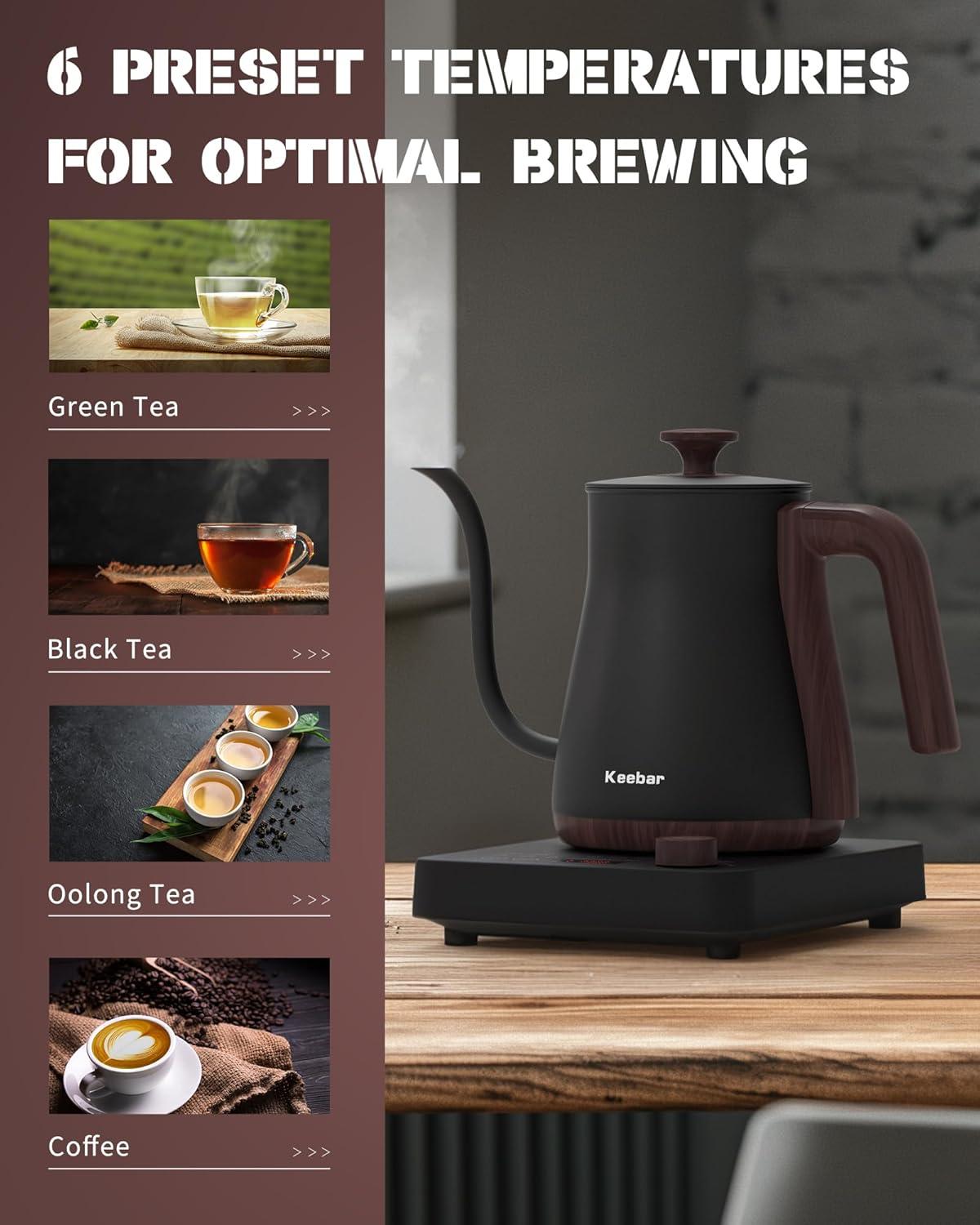 MARLIN MANUFACTURING COMPANY, INCORPORATED Electric Kettle, Electric Gooseneck Kettle With 6 Temperature Control Presets And LED Display, 0.8L/27.05Oz, 0.8Mm Ultra-Fine Spout, 304 Stainless Steel Inner, 1000W Gooseneck Kettle, Matte Black