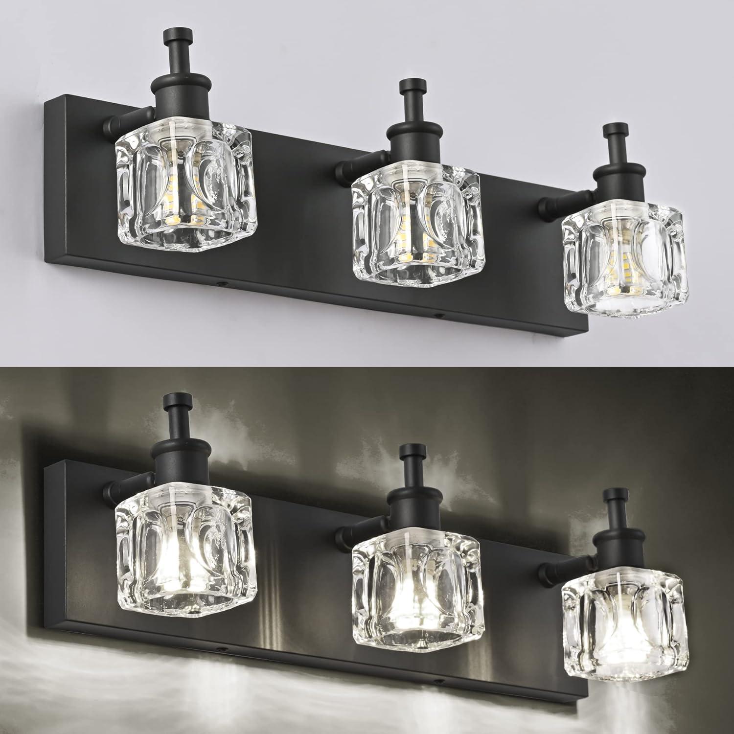 PRESDE Black Crystal Bathroom Lights Fixtures Over Mirror Modern 3 Light Vanity Lighting Bathroom Wall Light Fixtures(Exclude Bulb)