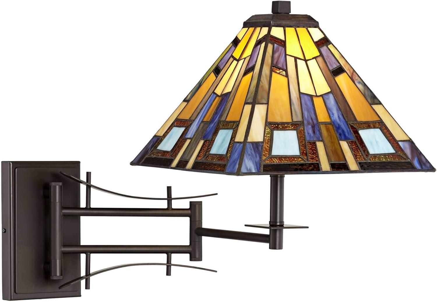 Robert Louis Tiffany Vintage Swing Arm Wall Lamp Plug-in Light Fixture Jewel Tone Stained Art Glass for Bedroom Bedside Living Room Reading Home House