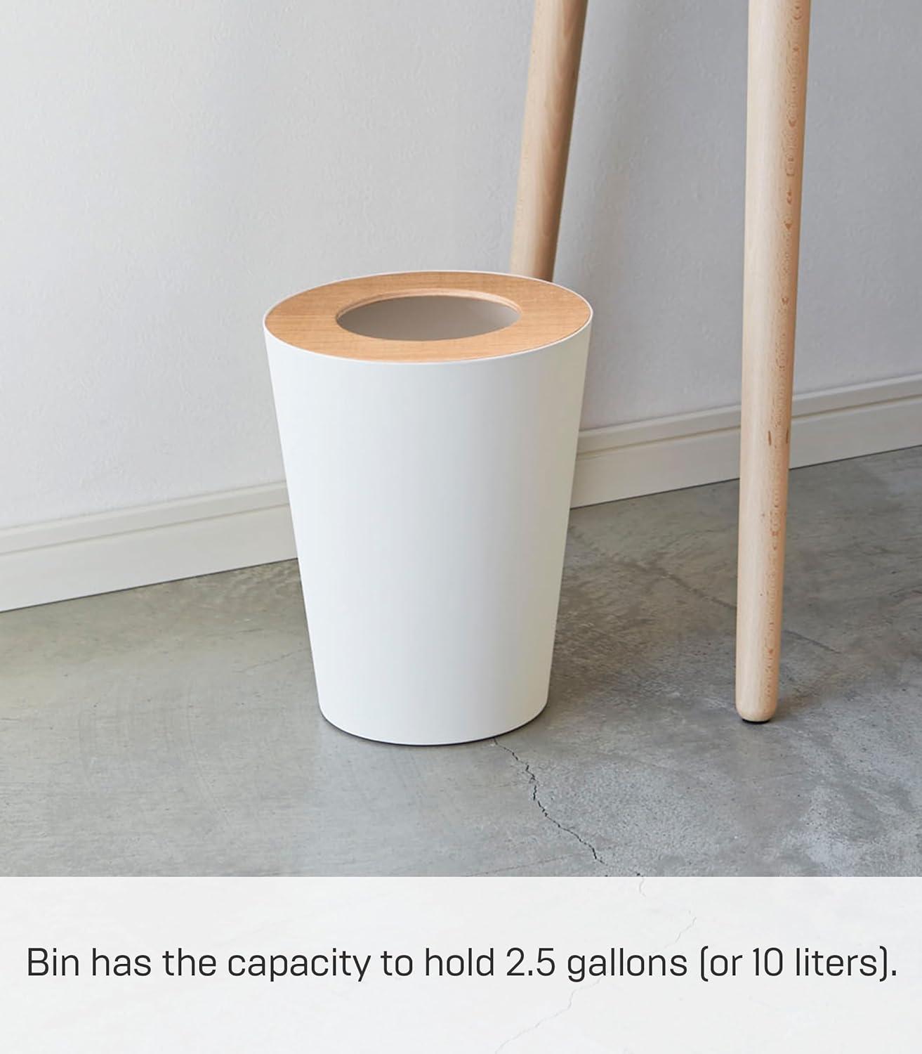 Rin Yamazaki Home Round Trash Can, 1.85 gallon Wastebasket Bathroom Kitchen Office, Steel + Wood