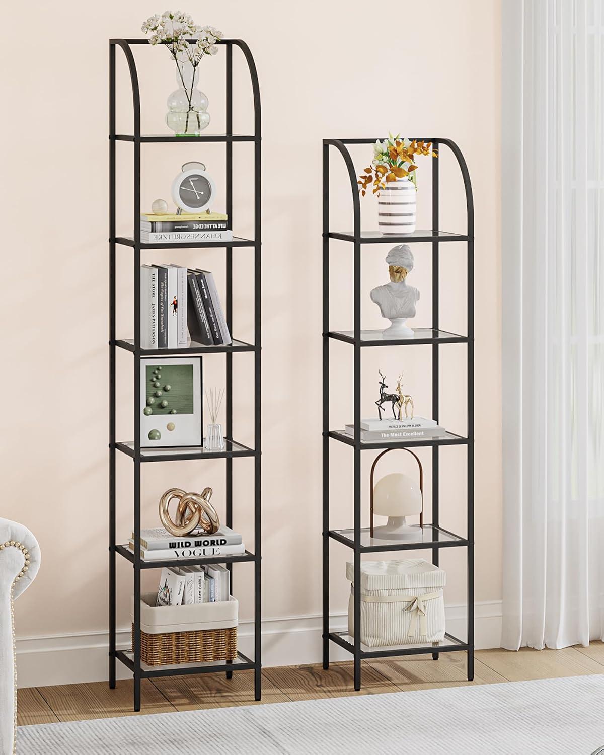 Bookcase Bookshelf, Tempered Glass Arched Bookshelf for More Storage, Slim Shelving Unit for Bedroom, Bathroom, Home Office, Steel Frame, 6 Tier Black BC20699B