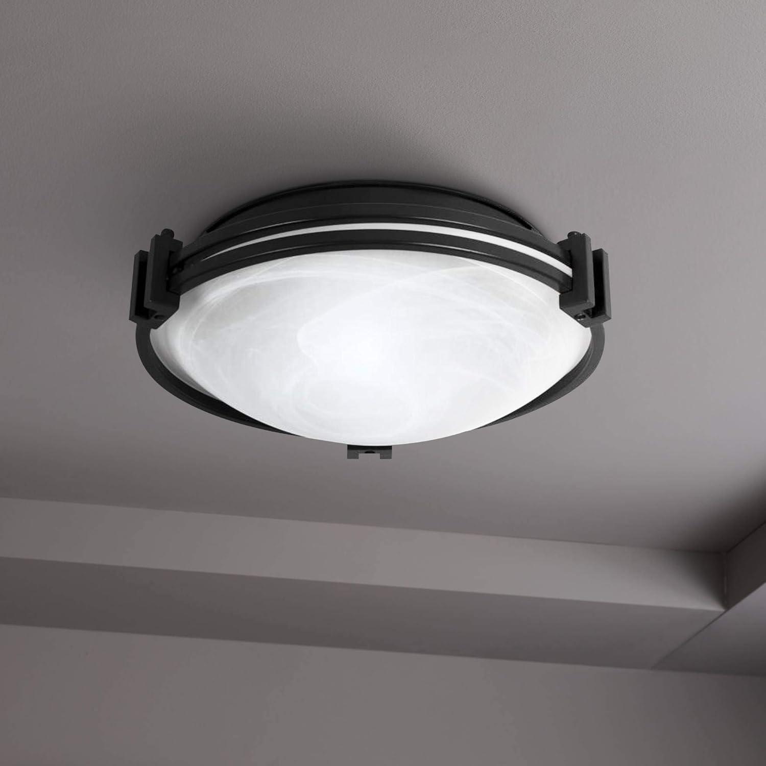 Possini Euro Design Deco Modern Ceiling Light Flush Mount Fixture 12 3/4" Wide Black 2-Light Marbleized White Glass Bowl Shade for Bedroom Kitchen