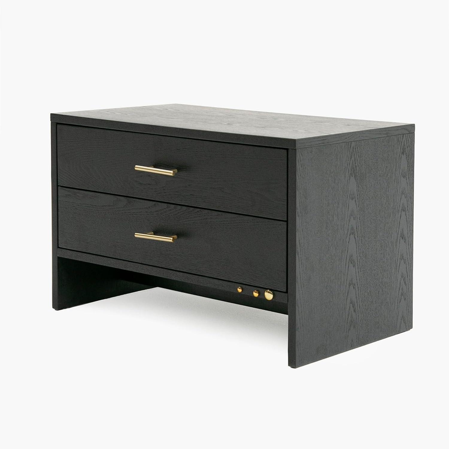 Gray Ash Veneer Nightstand with Brass Accents and 2 Drawers