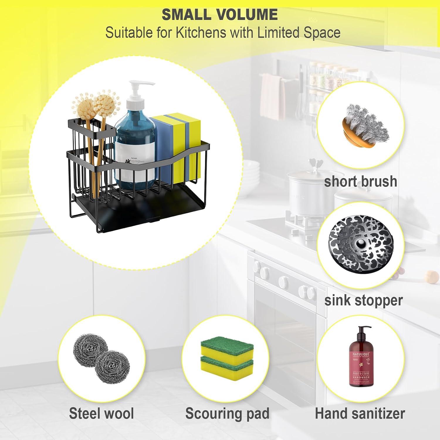 Maifan Sink Caddy Sponge Holder for Kitchen with Brush Holder and Stainless Steel Self Drain Tray, Rustproof Kitchen Sink Organizer for Sponge, Soap Dispenser Storage Accessories