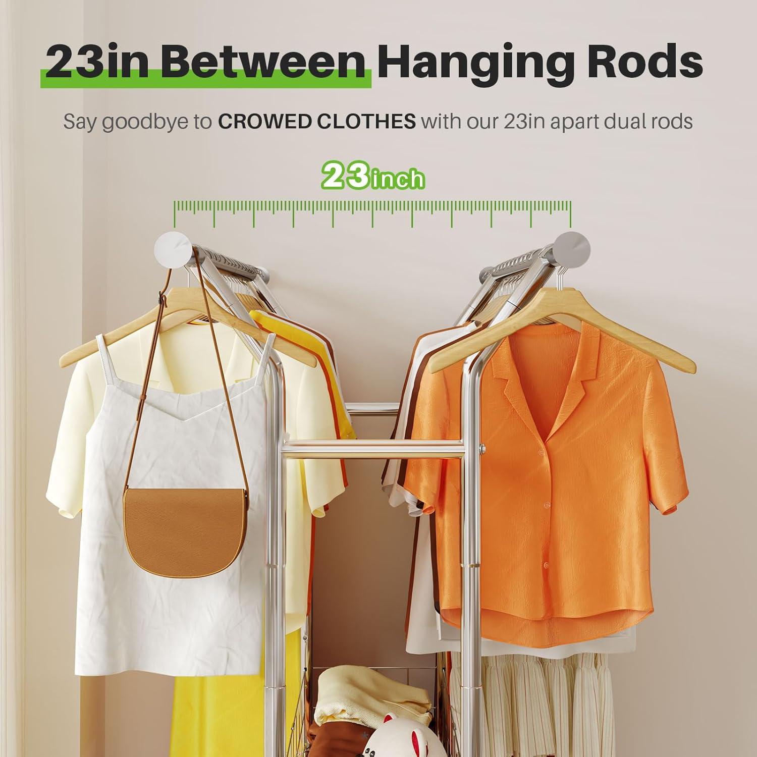 HOKEEPER Heavy Duty Clothing Clothes Rack for Hanging Clothes Adjustable Rolling Garment Rack with Wheels for Bedroom, Living Room (Double Rod with Metal Basket)