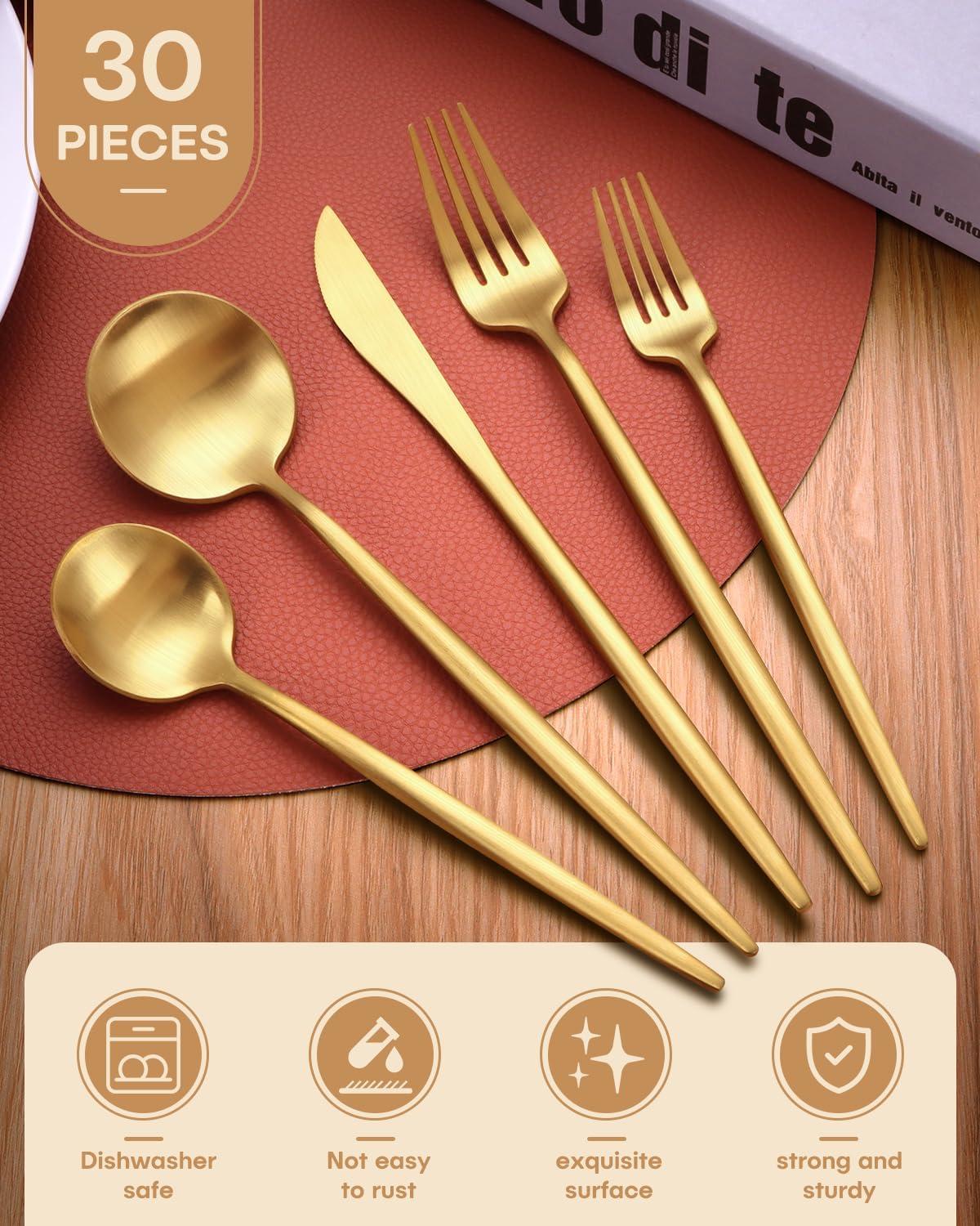 Everly Quinn 30-Piece Gold Silverware Set, Flatware Set For 6, Food-Grade Stainless Steel Cutlery Set, Includes Spoons Forks Knives, Kitchen Cutlery For Home Office Restaurant Hotel