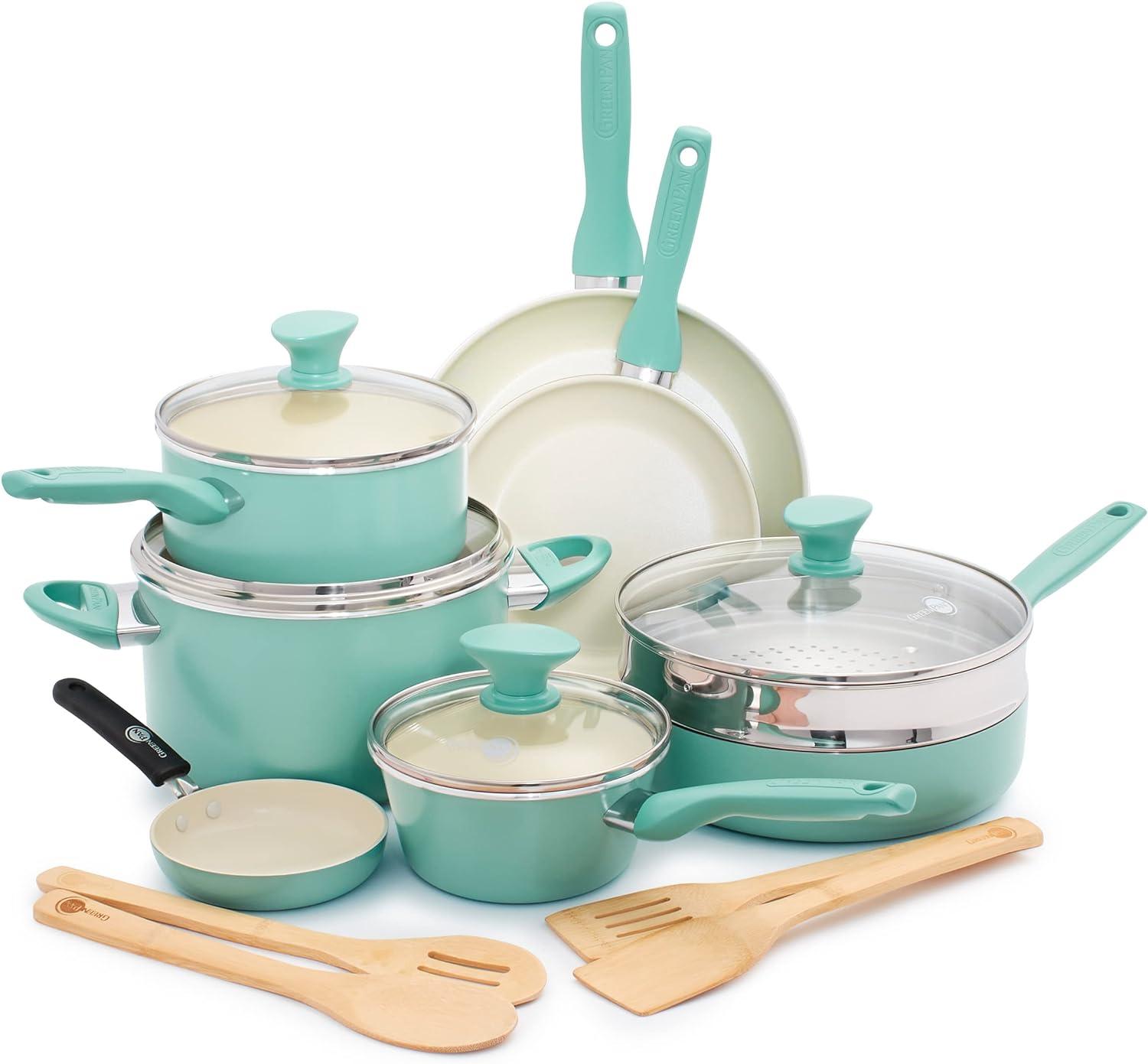 GreenPan GreenPan Rio Healthy Ceramic Nonstick 16 Piece Cookware Pots and Pans Set, PFAS-Free, Dishwasher Safe