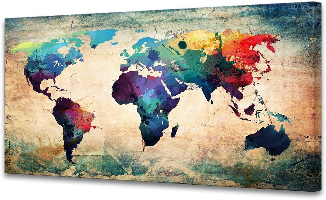 Baisuwallart-A62050 Abstract World Map Canvas Painting Vintage Posters Prints Colorful Wall Art Wall Pictures Framed Ready to Hang for Living Room Bedroom Office Home Decor