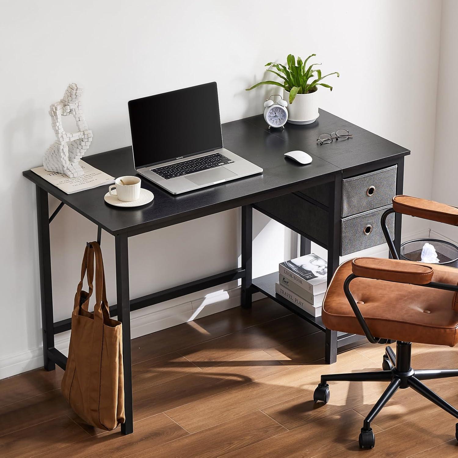 Black Wood Corner Computer Desk with Drawers and Headphone Hook