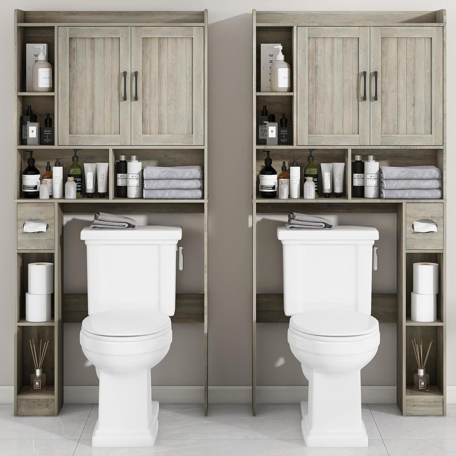 Farmhouse Storage Cabinet Over Toilet with 2 Barn Doors & Toilet Paper Holder Stand, Space-Saving Bathroom Rack