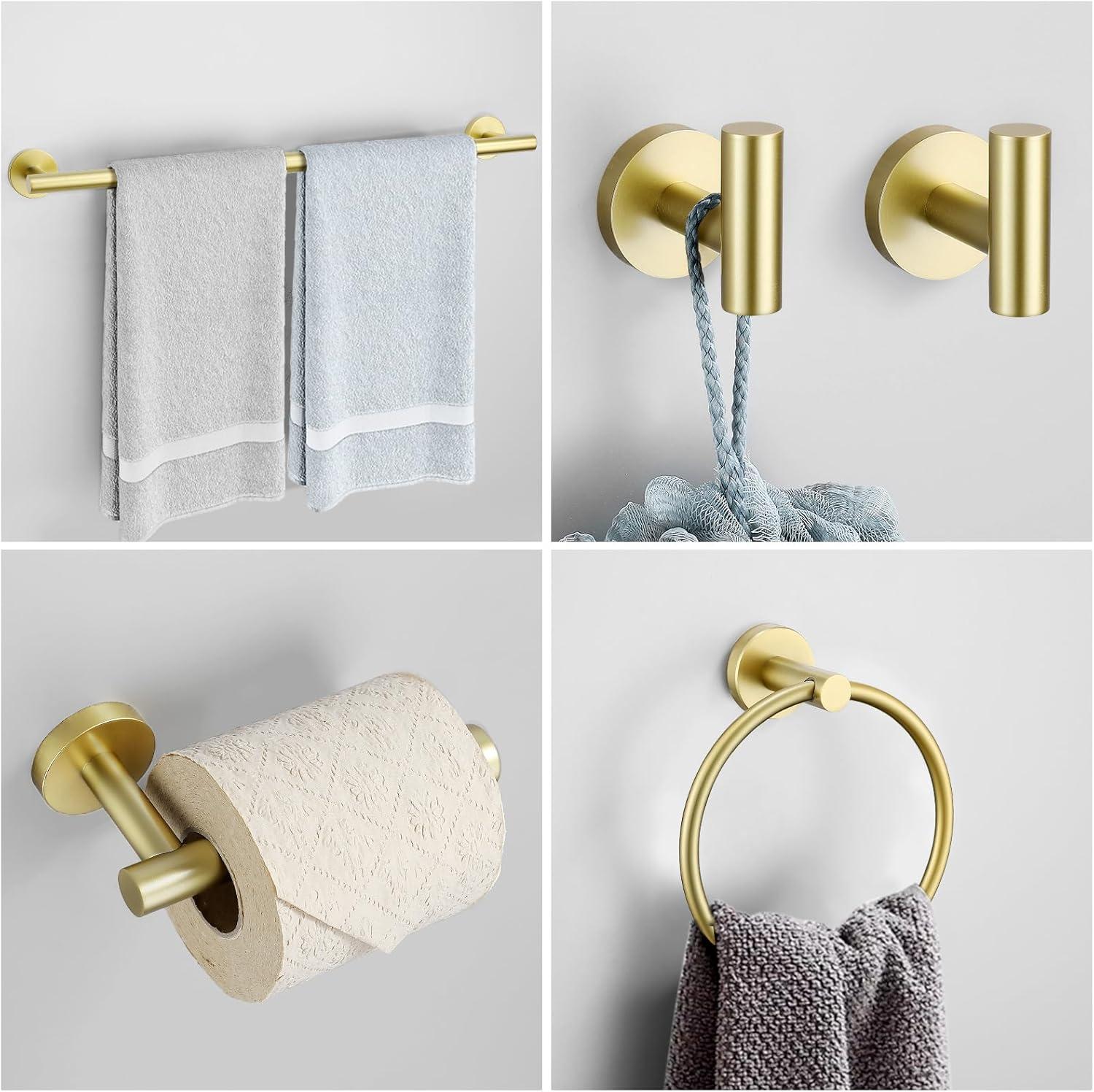 Bathroom Towel Holder Set, 6 Pieces Brushed Gold Towel Bar Bathroom Hardware Accessories Set, SUS304 Stainless Steel Towel Rack Towel Ring Toilet Paper Holder Set Wall Mounted