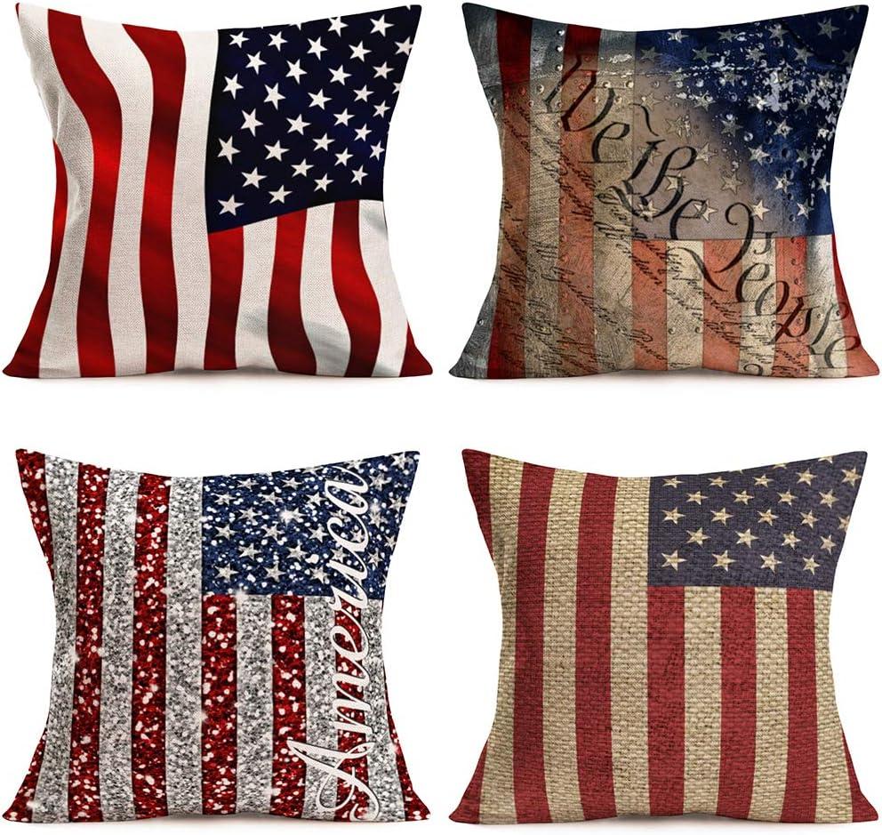 Patriotic USA Flag Cotton Linen Outdoor Pillow Covers Set