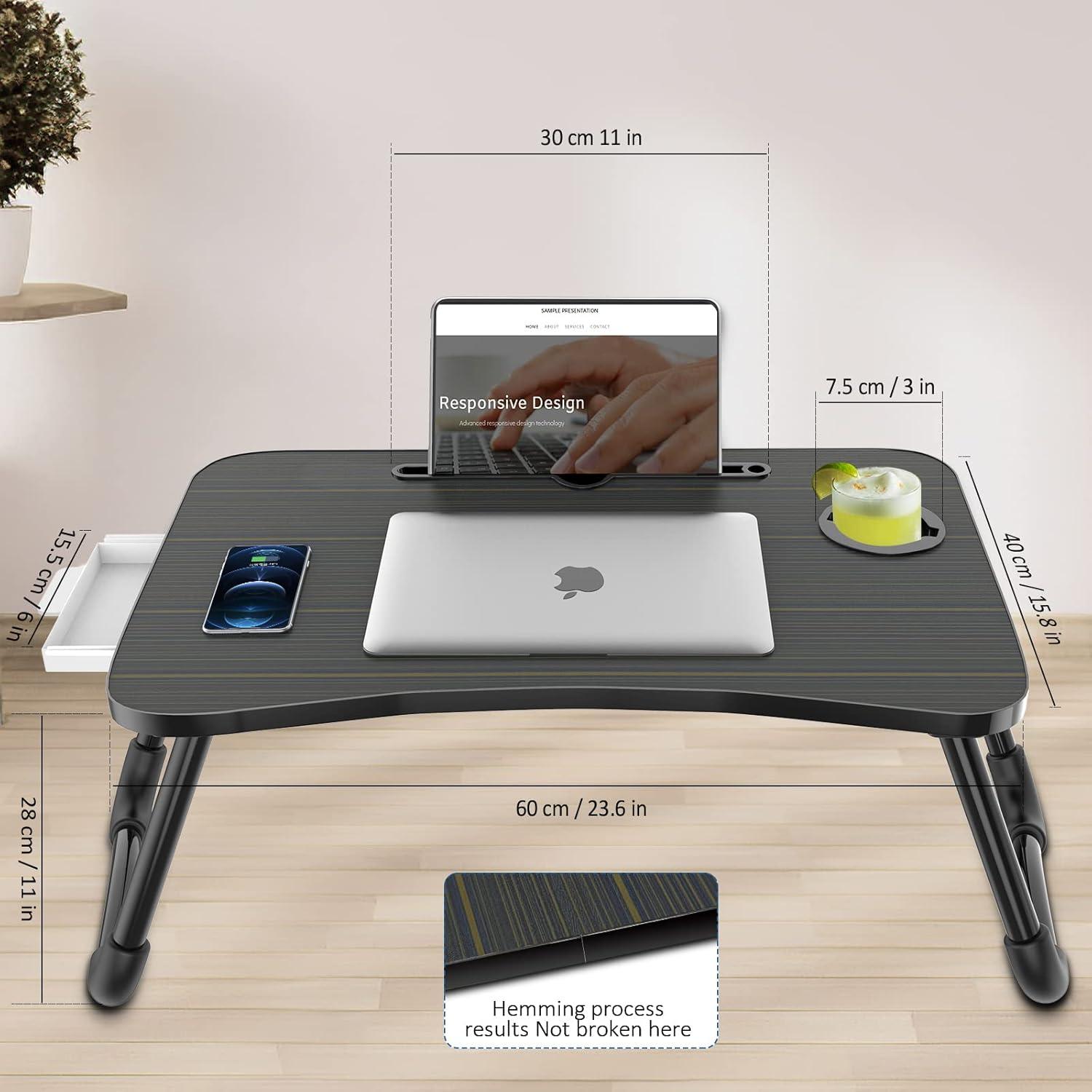 Foldable Laptop Bed Table Multi-function Lap Bed Tray Table with Storage Drawer and Water Bottle Holder, Serving Tray Dining Table with Slot for Eating, Working on Bed/Couch/Sofa (Arc shape)