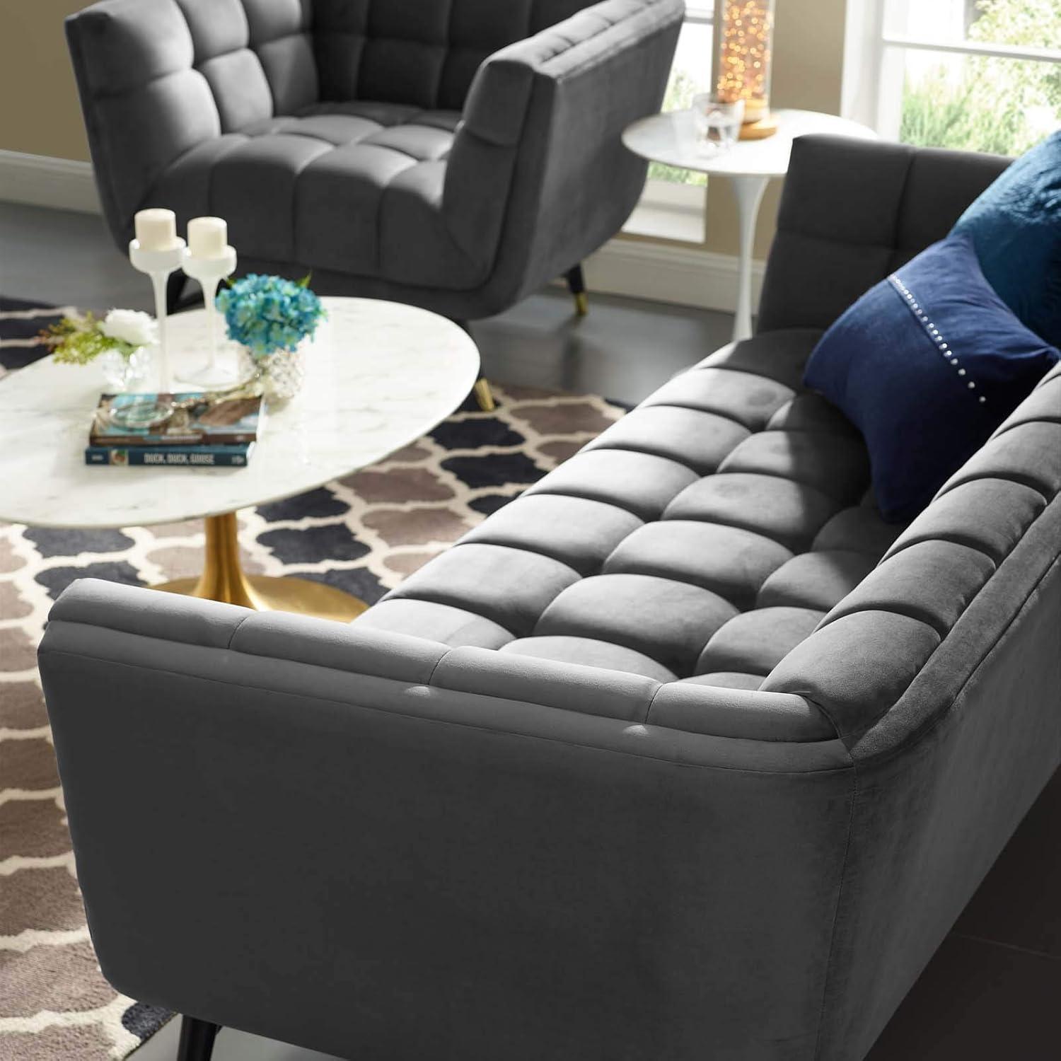 Modway Adept Performance Velvet Tufted Sofa in Gray and Black