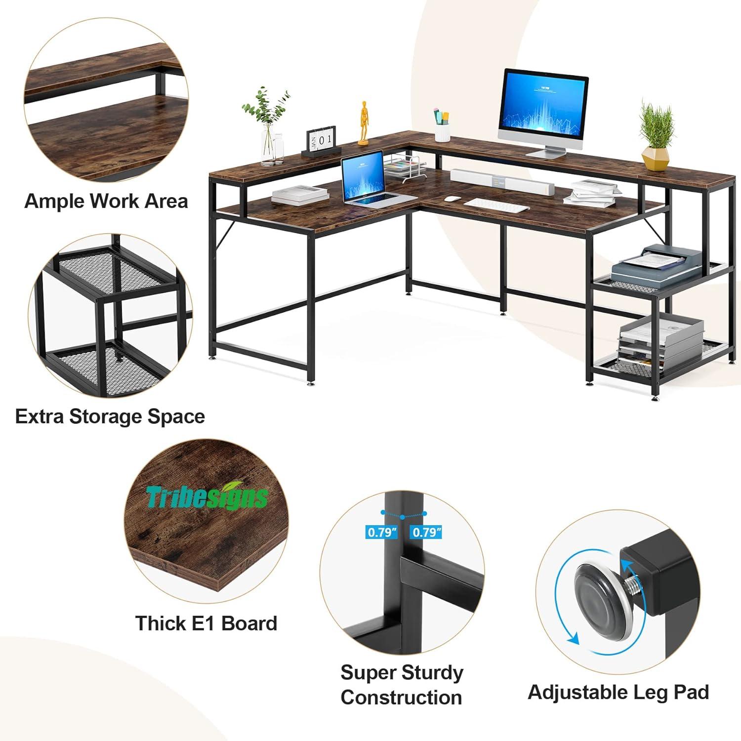 Extra Large Brown L-Shaped Computer Desk with Storage Shelves