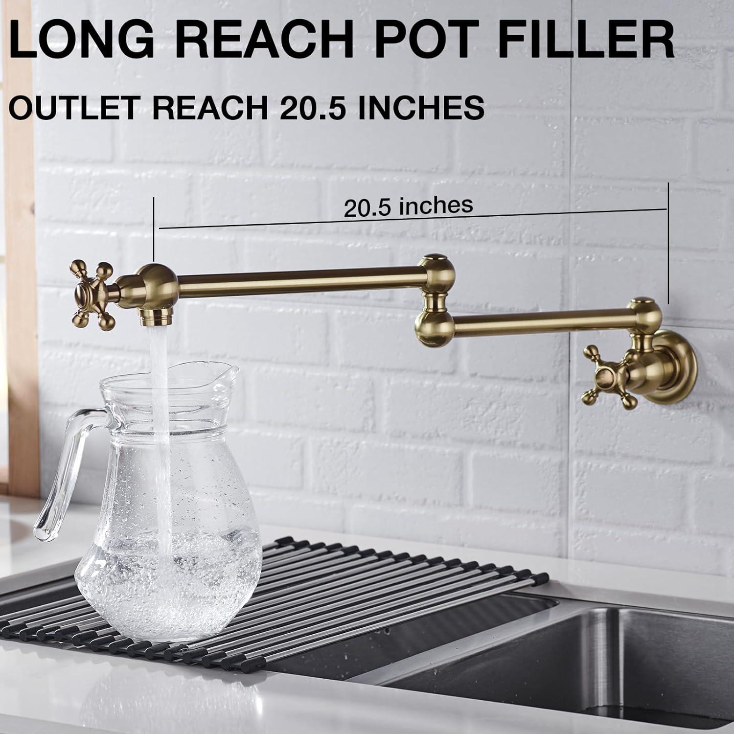 Besdor Pot Filler Faucet Brushed Gold Wall Mount Over Stove Faucet, Commercial Brass Pot Filler Faucet Gold, Double Joint Swing Arms, Single Hole Two Handles Folding Kitchen Faucet