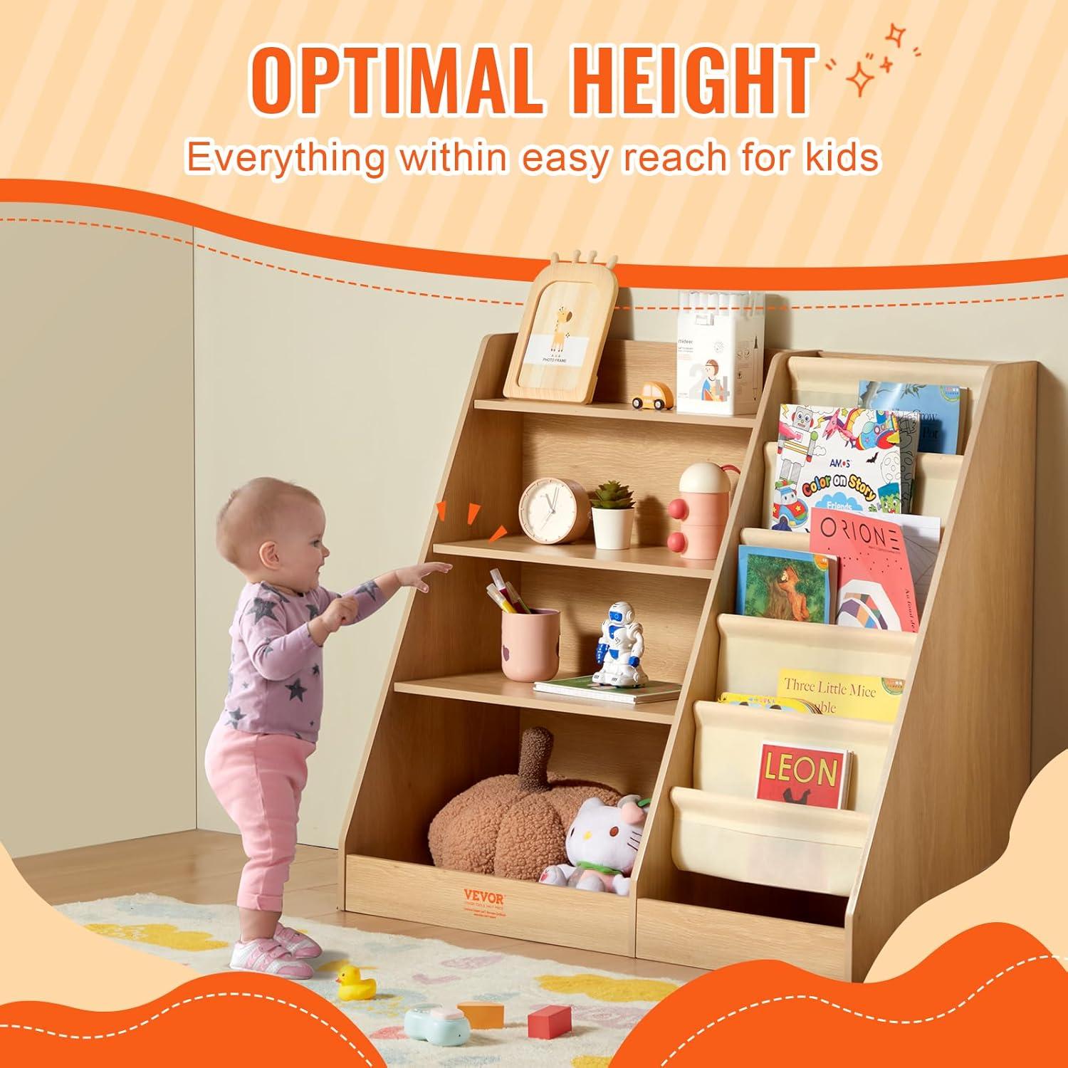 Brown Wooden Kids Bookshelf with Storage Cubes