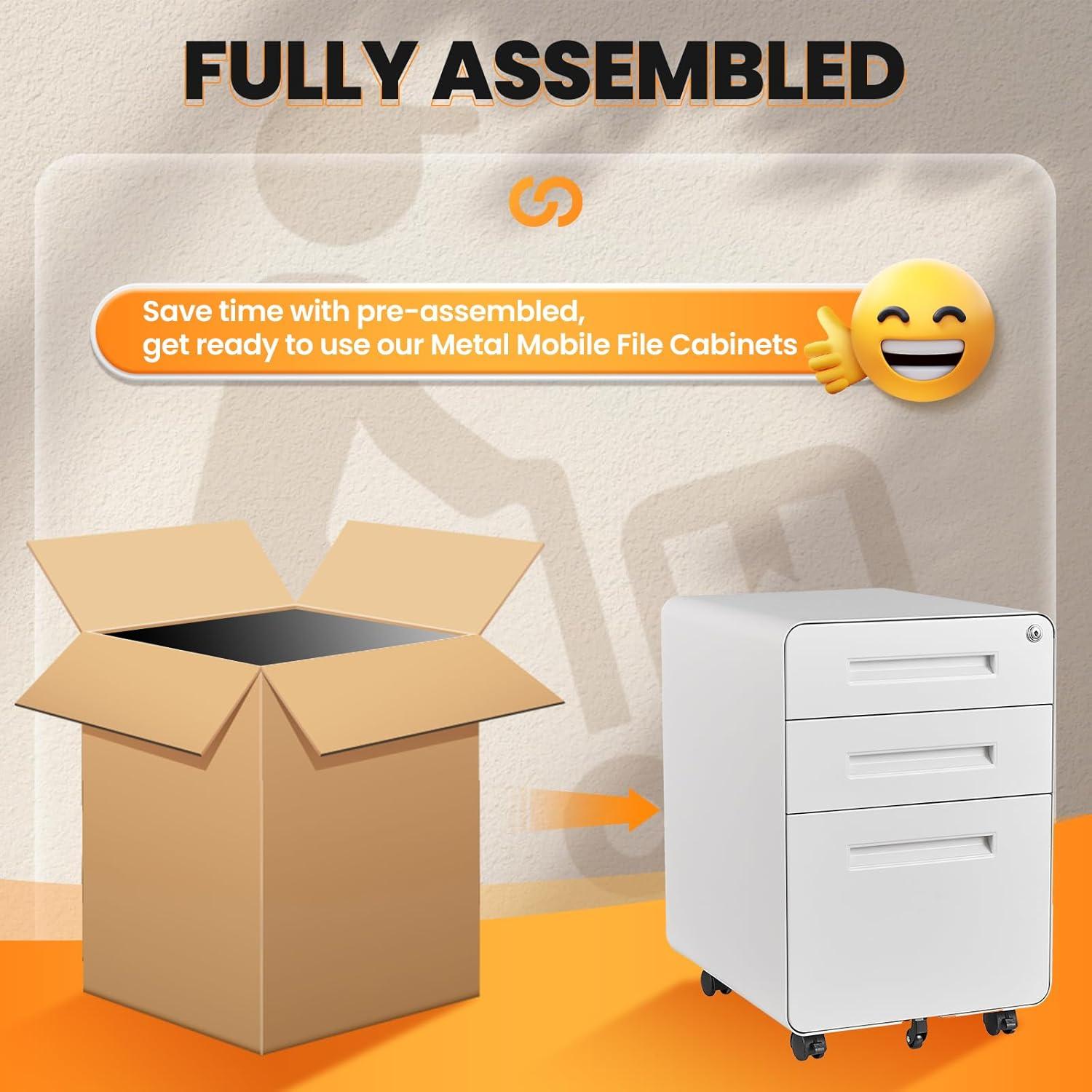 3 Drawer File Cabinet with Lock,Under Desk File Cabinet,White Rolling File Cabinet,Three Drawer Filing Cabinet for Home Office with Wheels,Fit A4/Letter/Legal File,Fully Assembled Except Casters