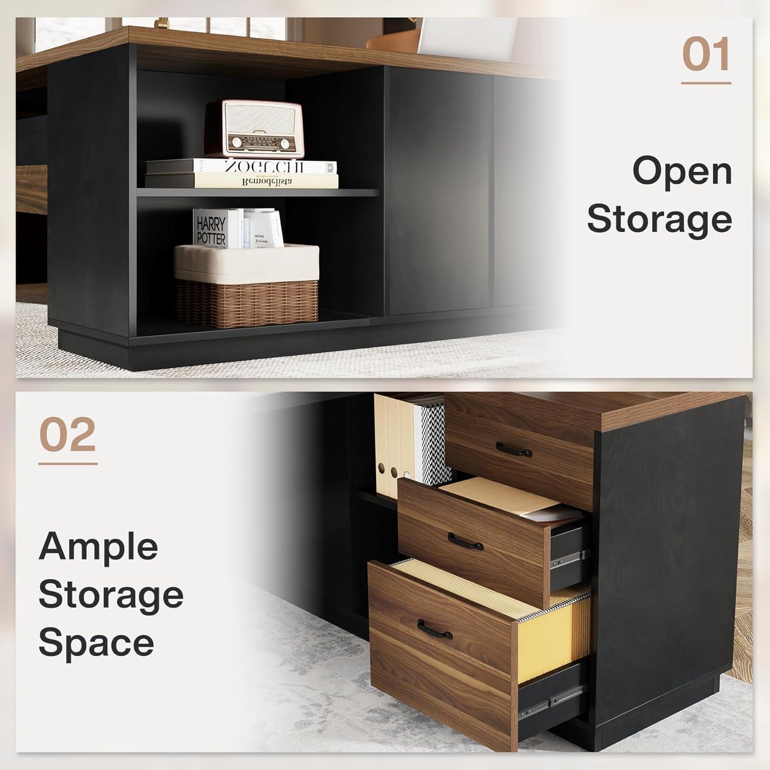Tribesigns Modern 78" L-Shaped Executive Desk with Drawers and Lateral File Cabinet, Brown