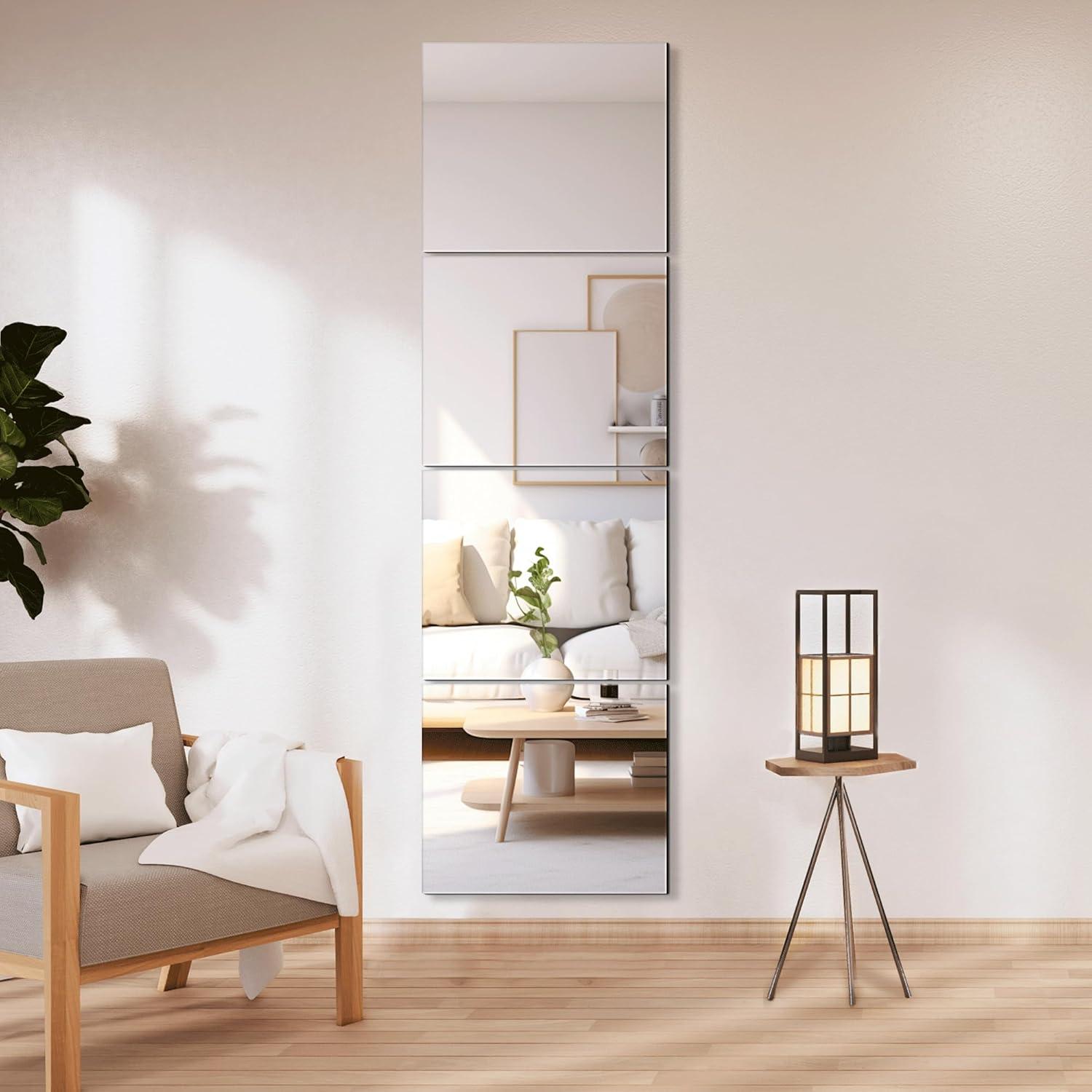 Delma Glass Full Length Wall Mirror Tiles, 14'' x 12'' 4PCS, Frameless Body Tiles for Bedroom, Mounted Home Gym, Door