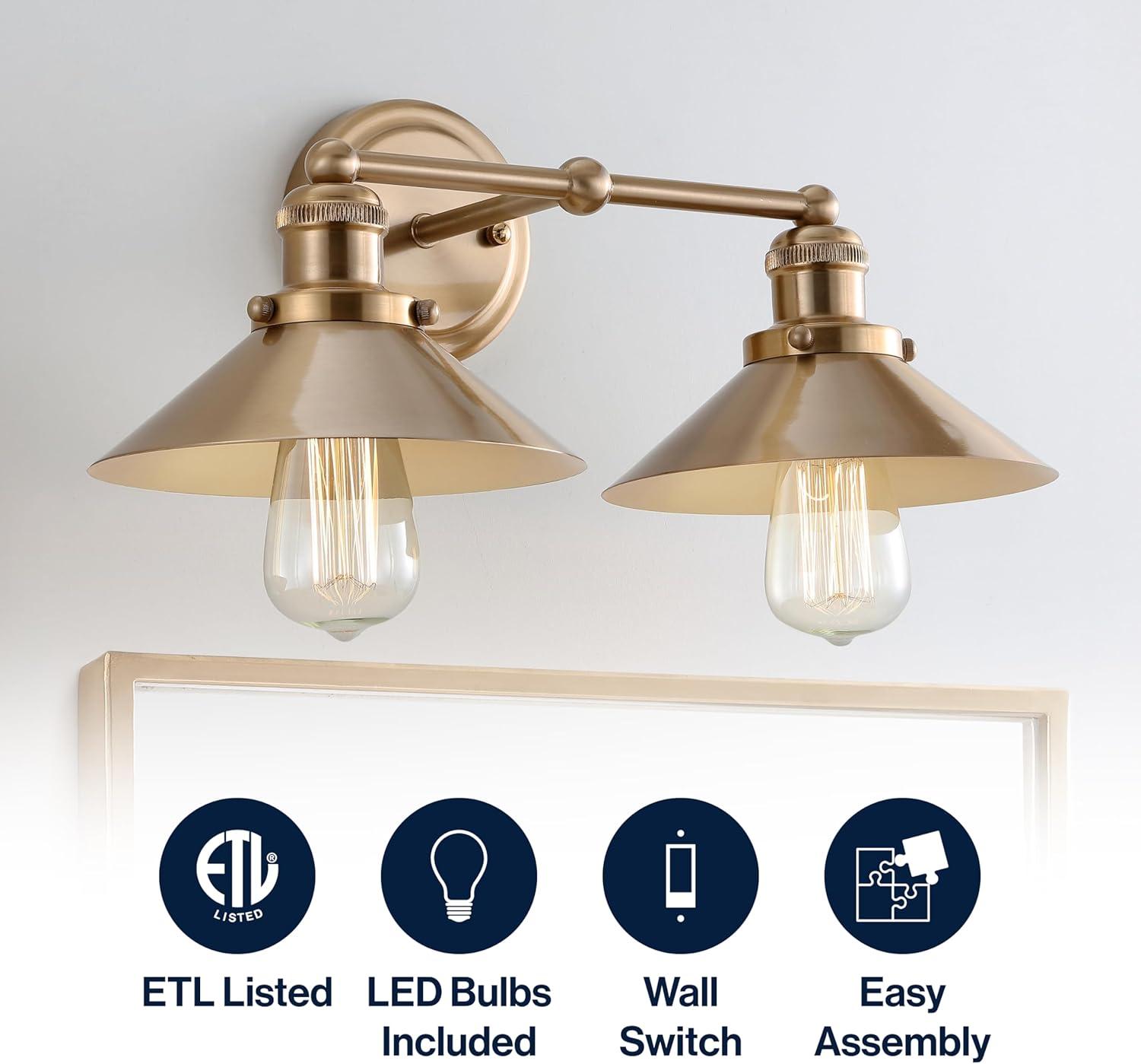 JONATHAN Y July 17.5" 2-Light Industrial Farmhouse Metal Vanity Light, Brass Gold