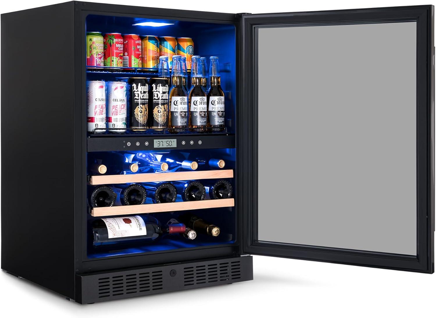 Newair 24" Built-in Dual Zone Wine and Beverage Refrigerator 24 Bottles & 100 Cans, Black Stainless Steel, Drinks and Wine Combination Fridge