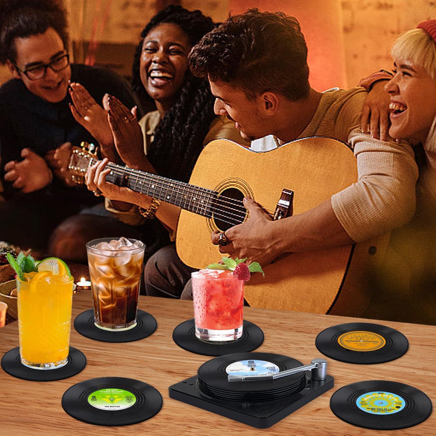 Funny Retro Record Coasters for Drinks with Vinyl Player Holder for Music Lovers,Set of 6 Conversation Piece Sayings Drink Coaster,Housewarming Hostess Wedding Registry Gift Ideas