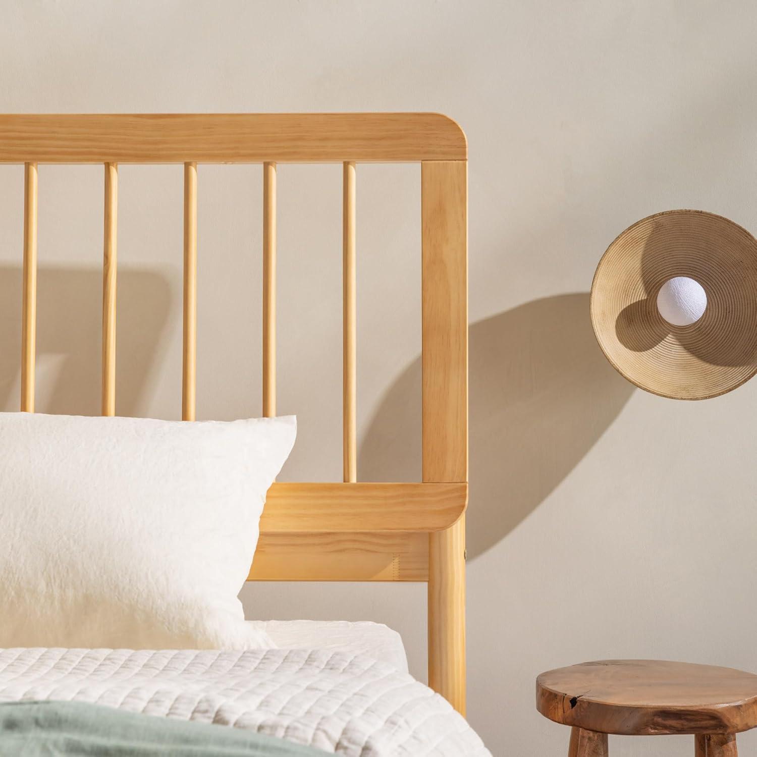 Mid-Century Modern Solid Wood Queen Spindle Bed – Natural Pine
