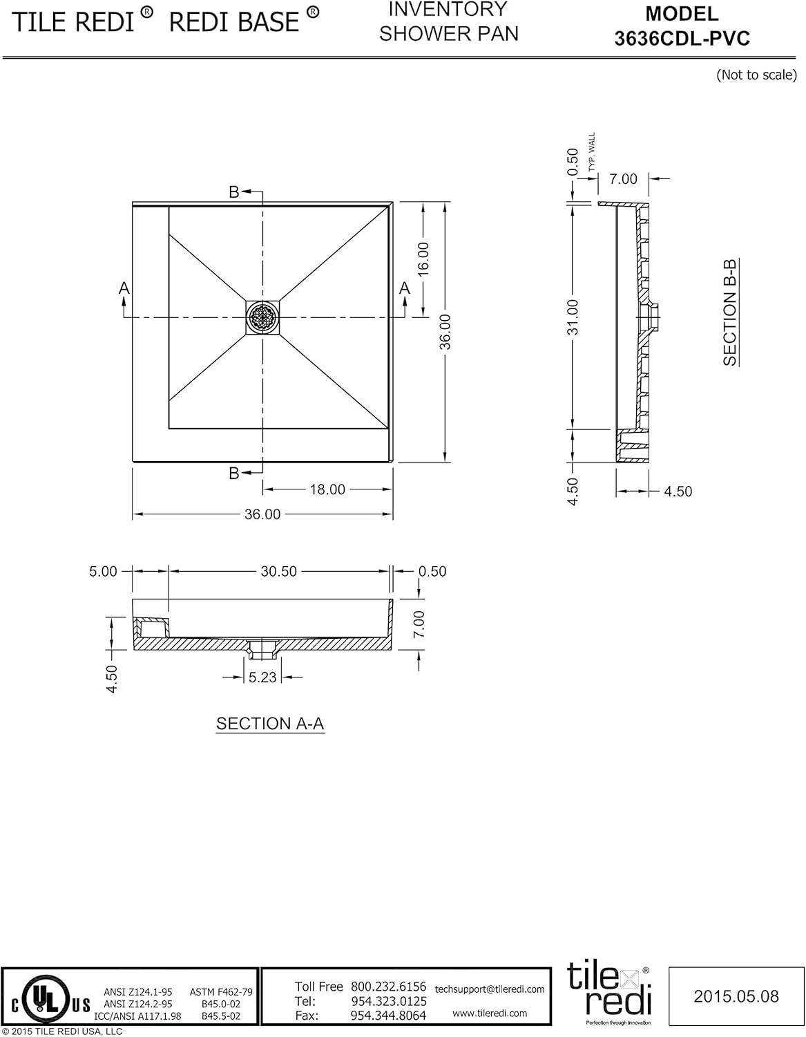 Tile Redi 3636Cdl Redi Base 36" X 36" Square Shower Base - Chrome