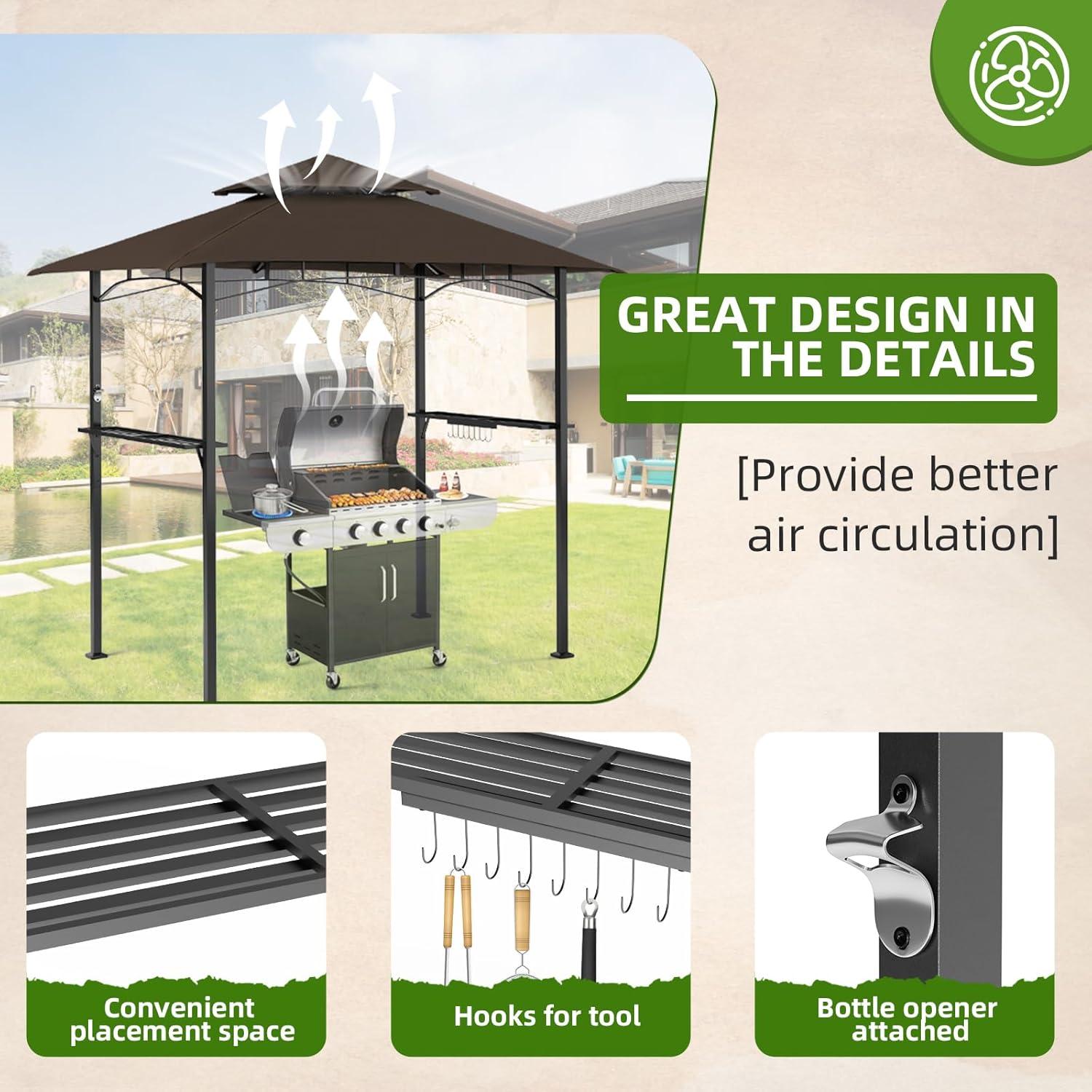 Incbruce 8' X 5' Grill Gazebo Canopy, Outdoor BBQ Gazebo Canopy with Double Tiered Tent Roof Cover & Metal Frame for Patio, Garden, Backyard (Brown)