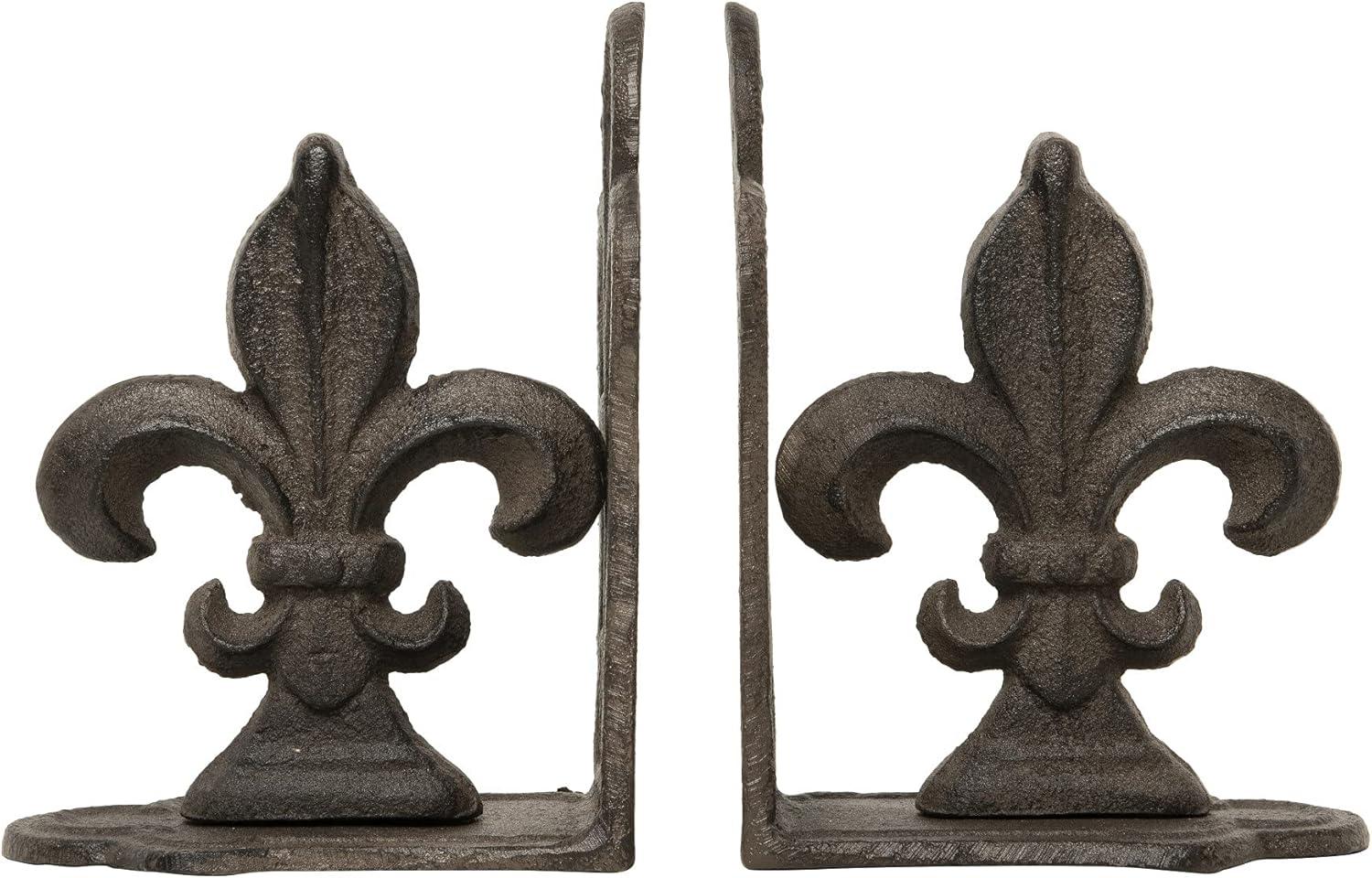 Storied Home Decorative Metal Fleur de Lis Bookends, Brown, Set of 2