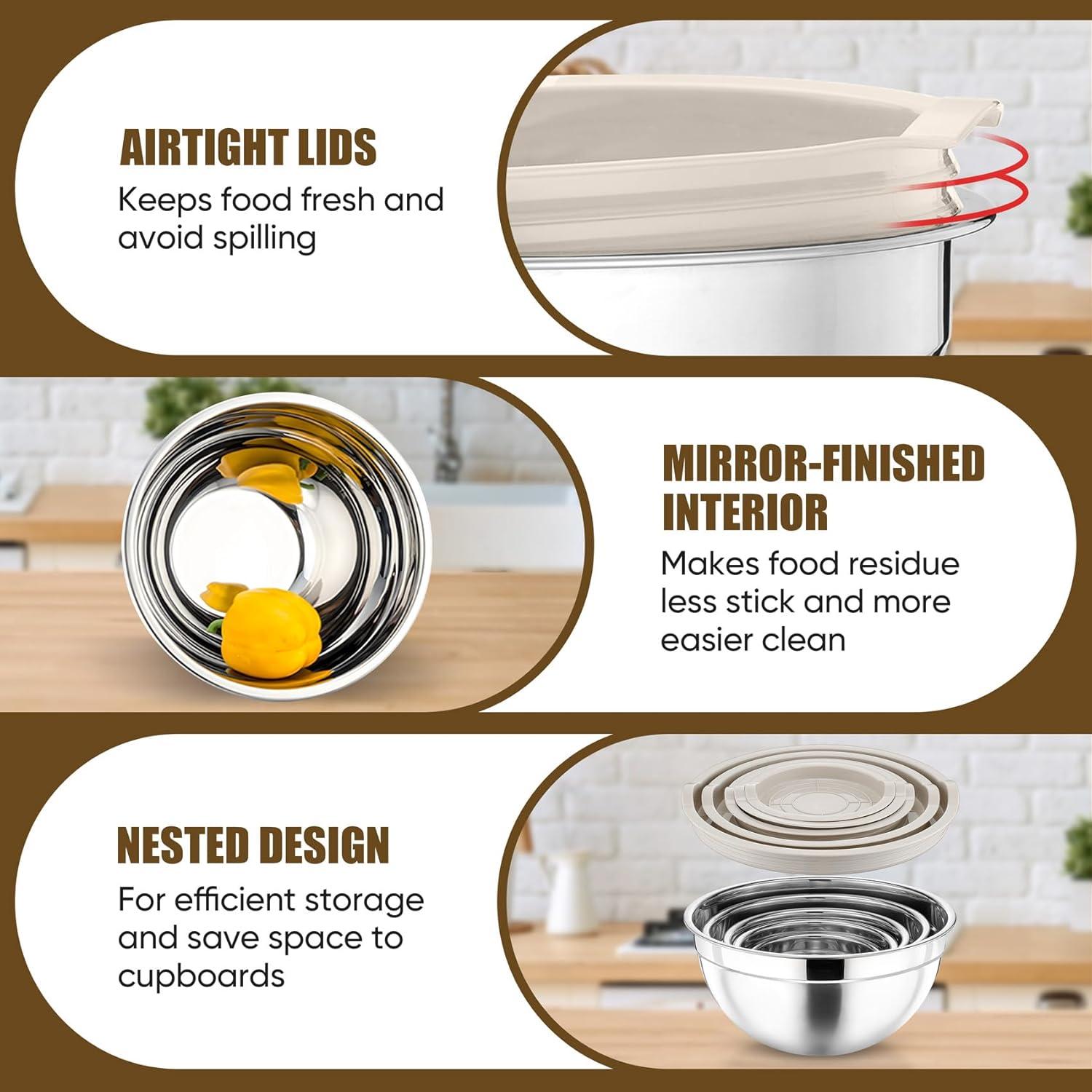 Toledo Bath & Kitchen Stainless Steel Mixing Bowls With Lids, 5-Pack Metal Nesting Bowls With Airtight Covers For Cooking, Baking, Serving, Storage, Non-Toxic & Dishwasher Safe, Size 4.6/3/1.5/1/0.7QT - Khaki