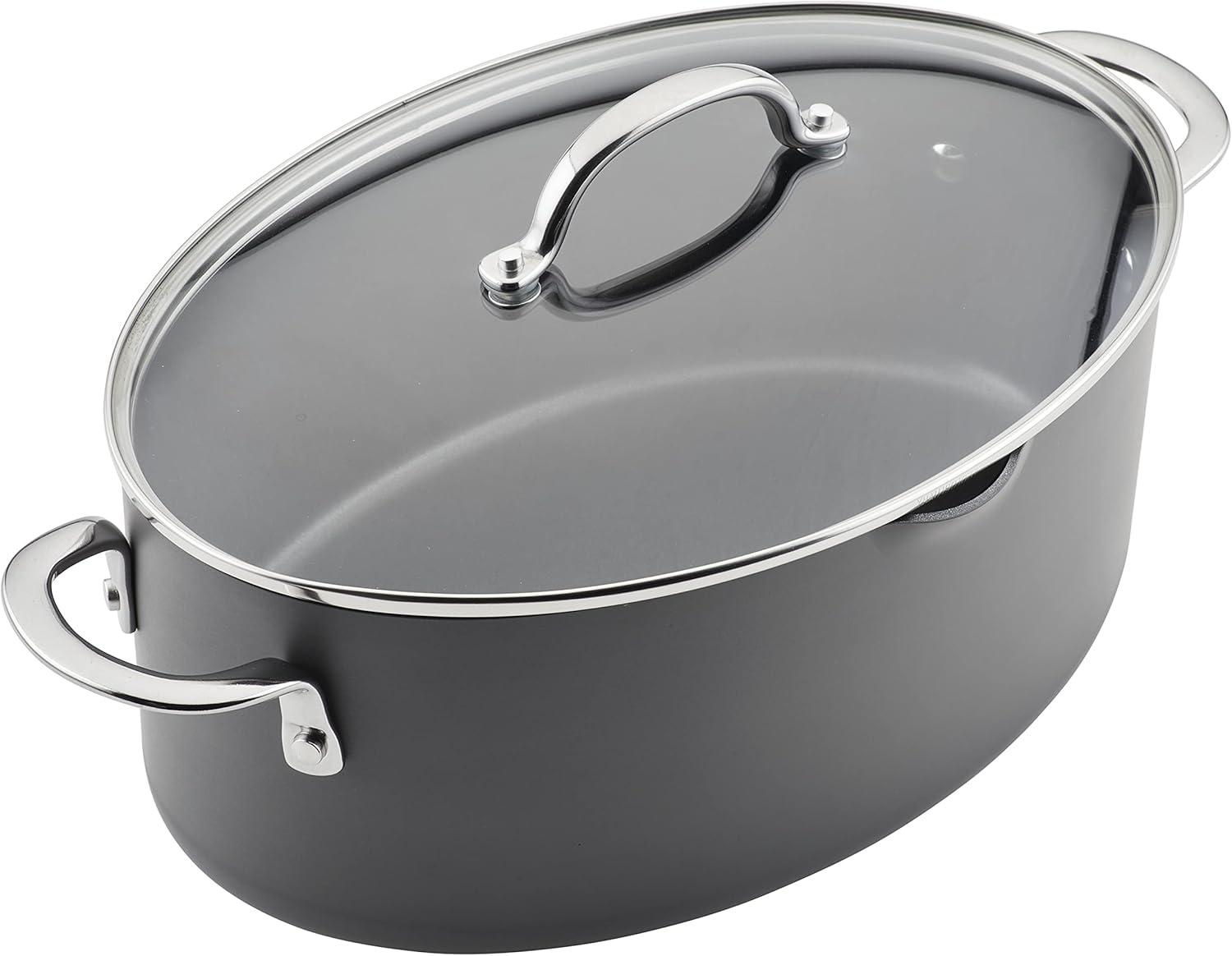 Gray Hard Anodized Nonstick Oval Pasta Pot with Glass Lid