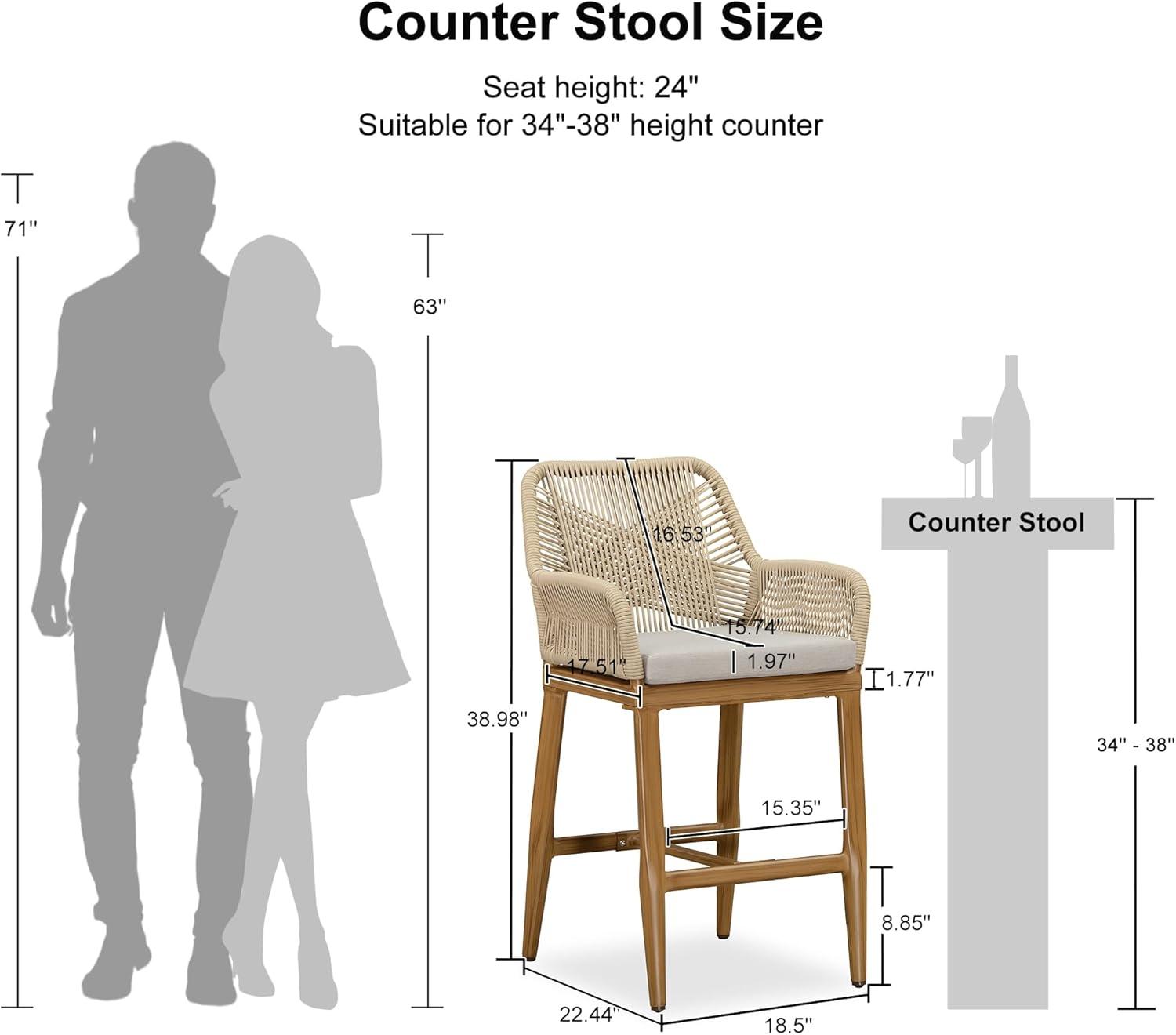 PURPLE LEAF Outdoor 24" Counter Height Bar Stools Chair Set of 2, All Weather Rattan and Aluminum Patio Bar Stool with Cushion for Indoor and Outdoor, Kitchen Island, Teak