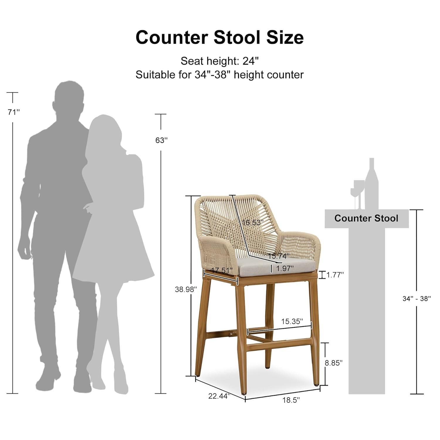 PURPLE LEAF Outdoor 24" Counter Height Bar Stools Chair Set of 2, All Weather Rattan and Aluminum Patio Bar Stool with Cushion for Indoor and Outdoor, Kitchen Island, Teak