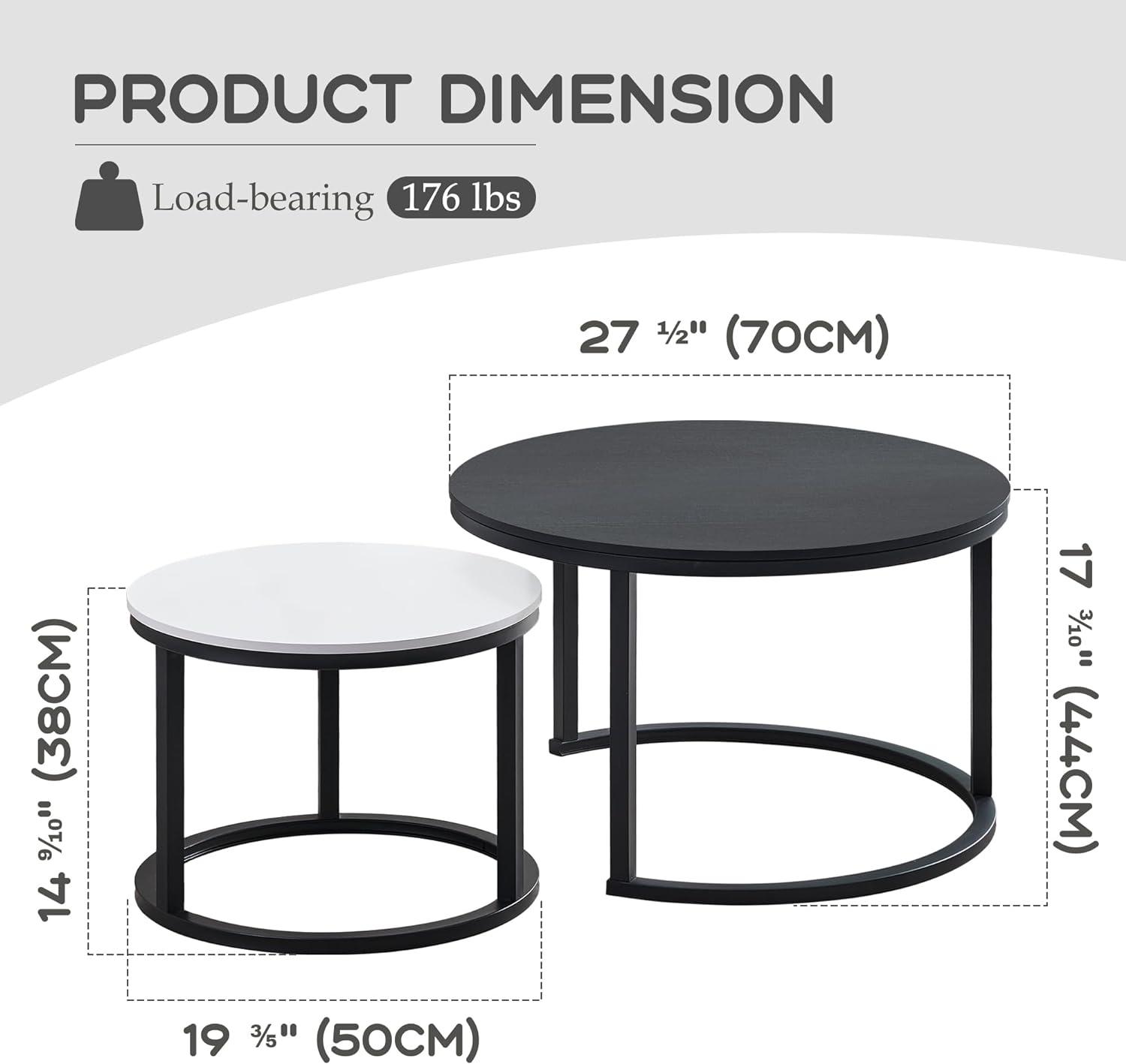 DEXTRUS Round Nesting Coffee Table Set of 2, Snack End Table with Metal Frame for Living Room, White & Black