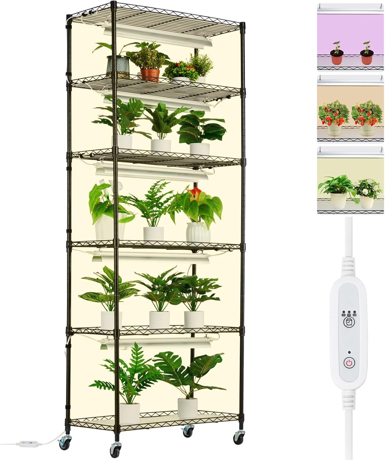 Tall Black Steel 6-Tier Plant Stand with LED Grow Lights