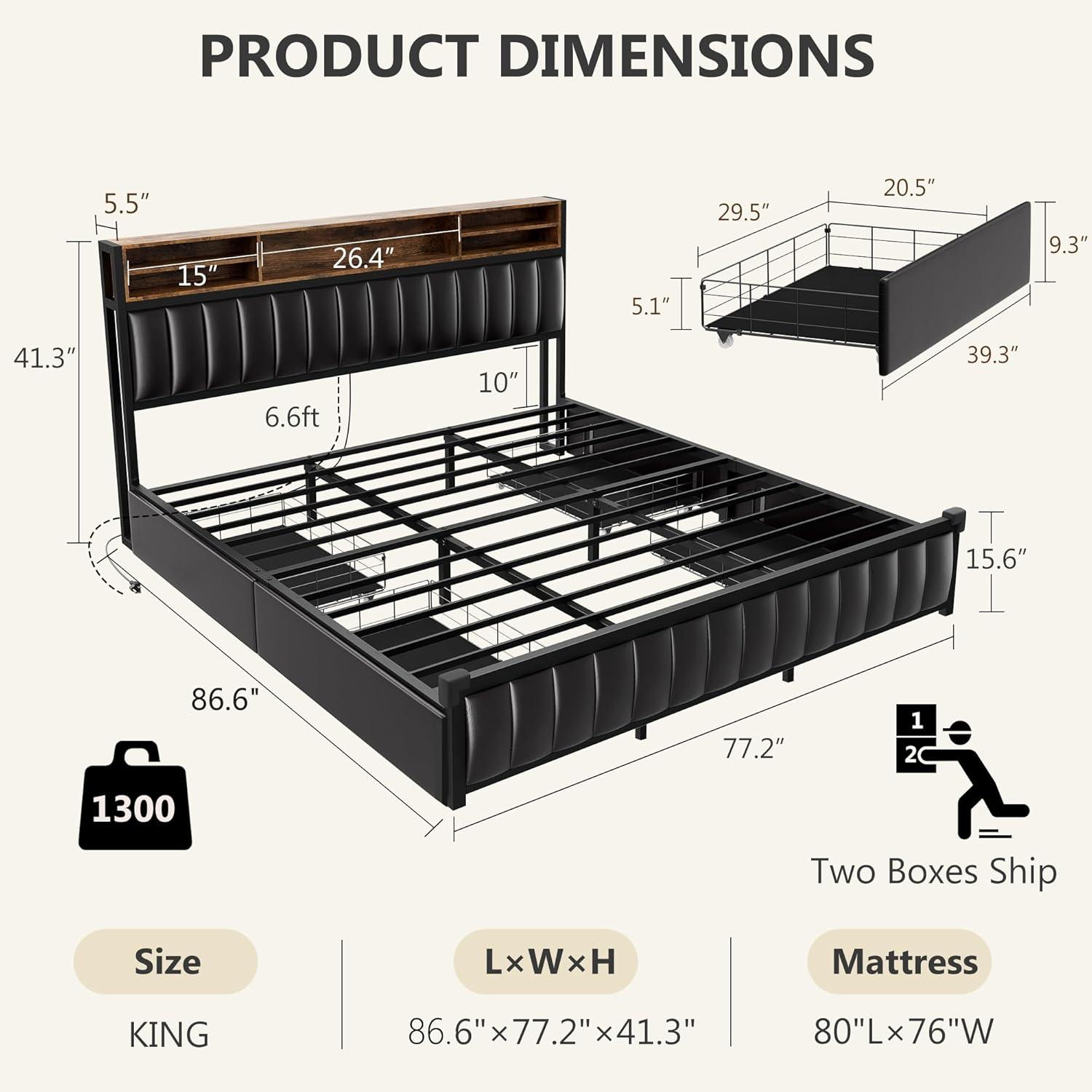 Kanchi Upholstered Metal Platform LED Bed Frame with 4 Storage Drawers and Bookcase Headboard, Black