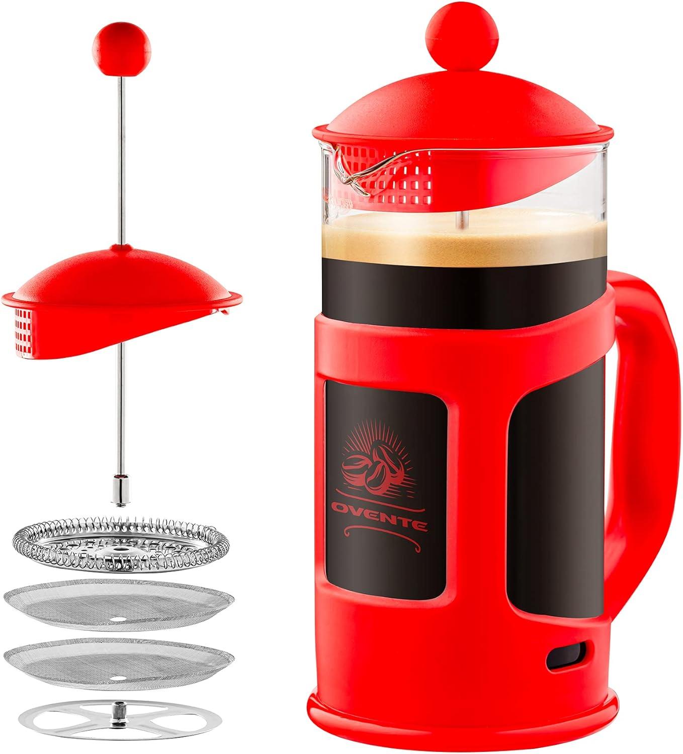 Ovente FPT34R OVENTE French Press Coffee Maker, Heat Resistant Borosilicate Glass with 4 Filter Stainless-Steel System, BPA-Free Portable Pitcher Perfect for Hot & Cold Brew