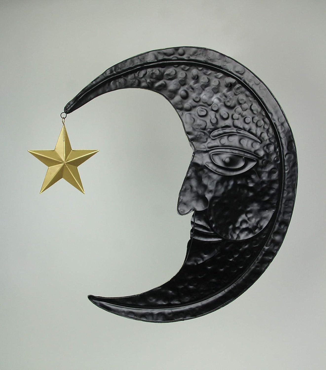 Zeckos Green Metal Textured Crescent Moon Wall Décor with Star Dangler