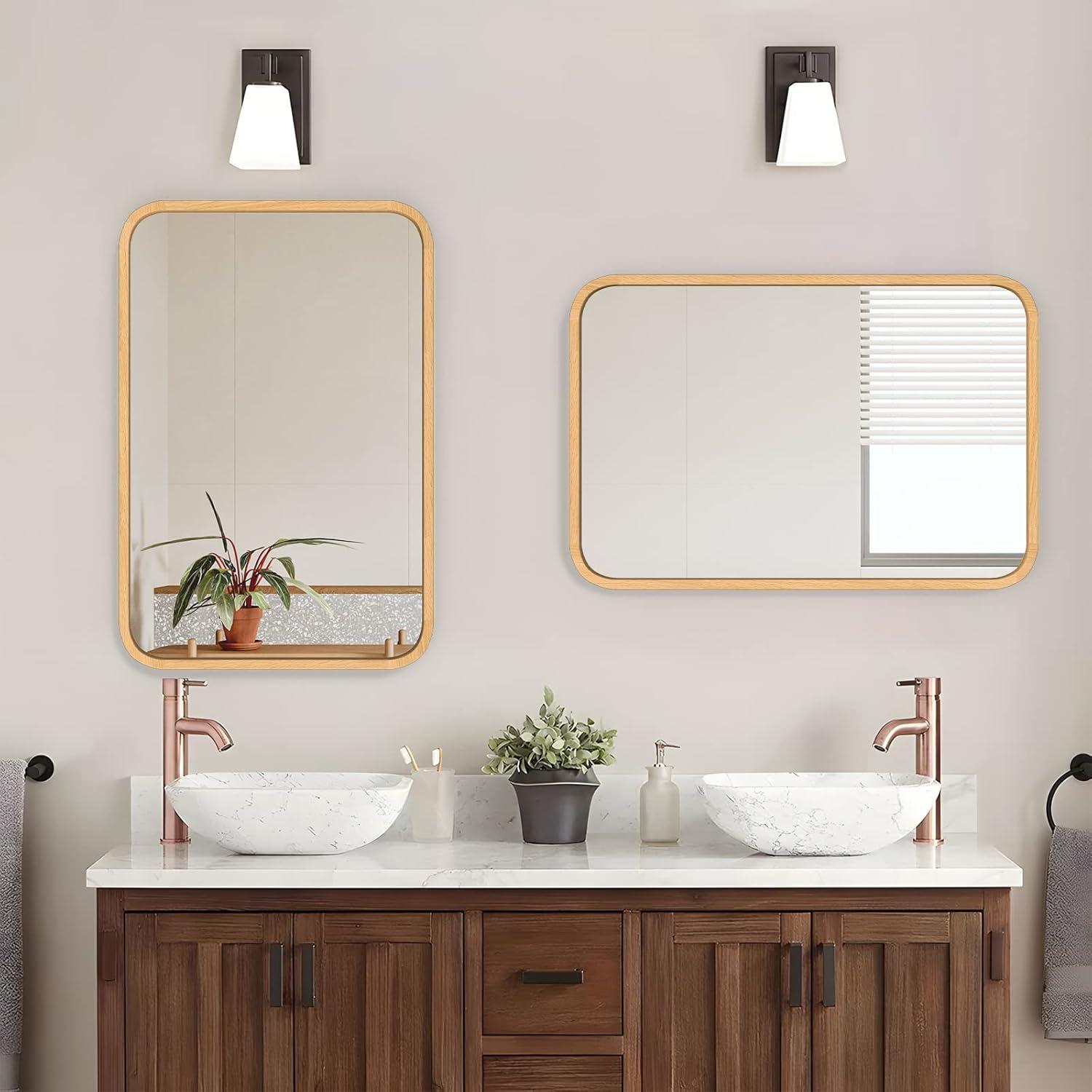 Natural Beech Wood Rectangular Bathroom Mirrors with Silver Accents