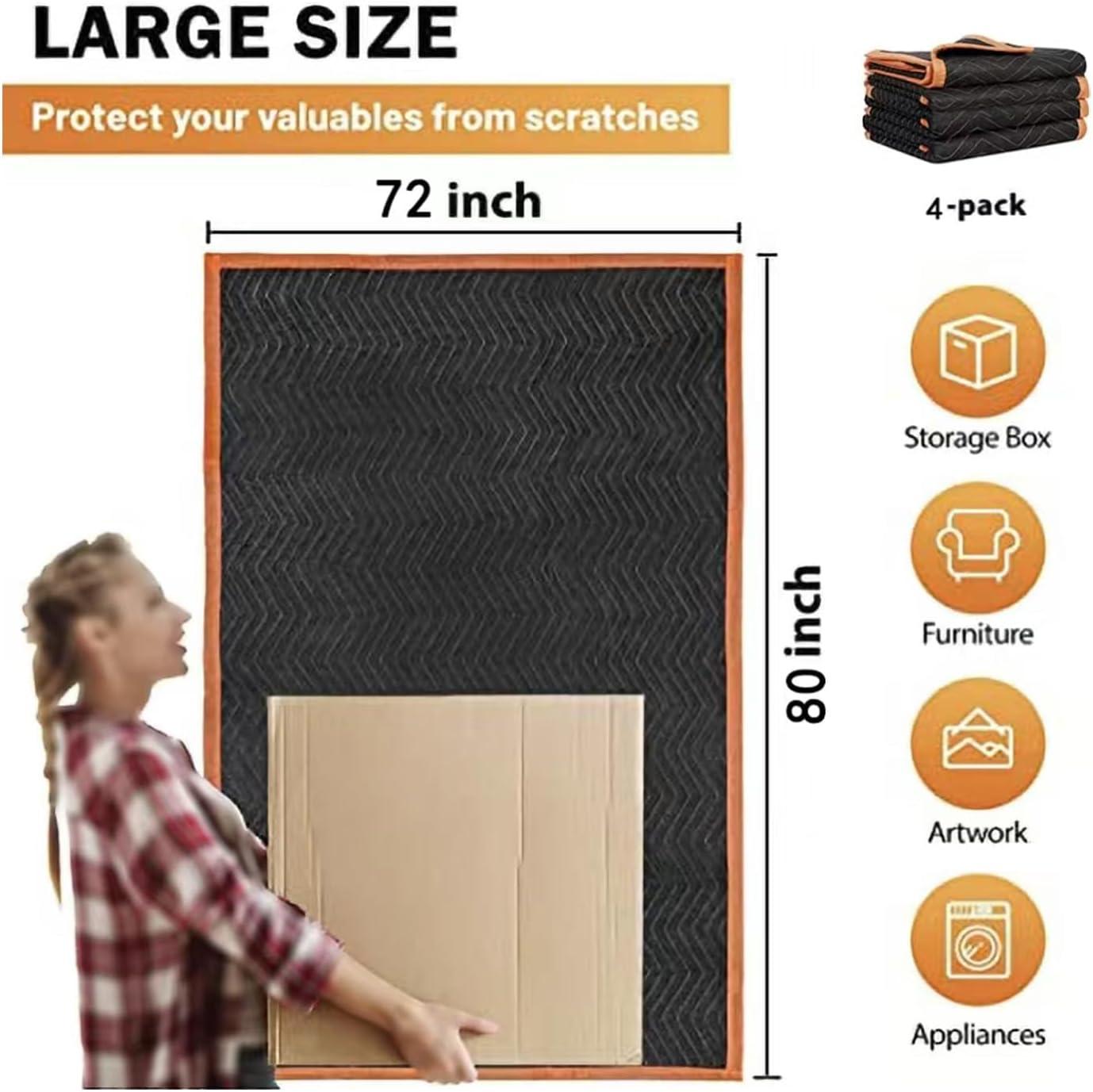 4 Pack Large Moving Blankets 80 * 72in Heavy Duty Packing Blankets for Furniture Moving Shipping Wrapping Quilted Furniture Pads for Moving, Padded Mover Blankets