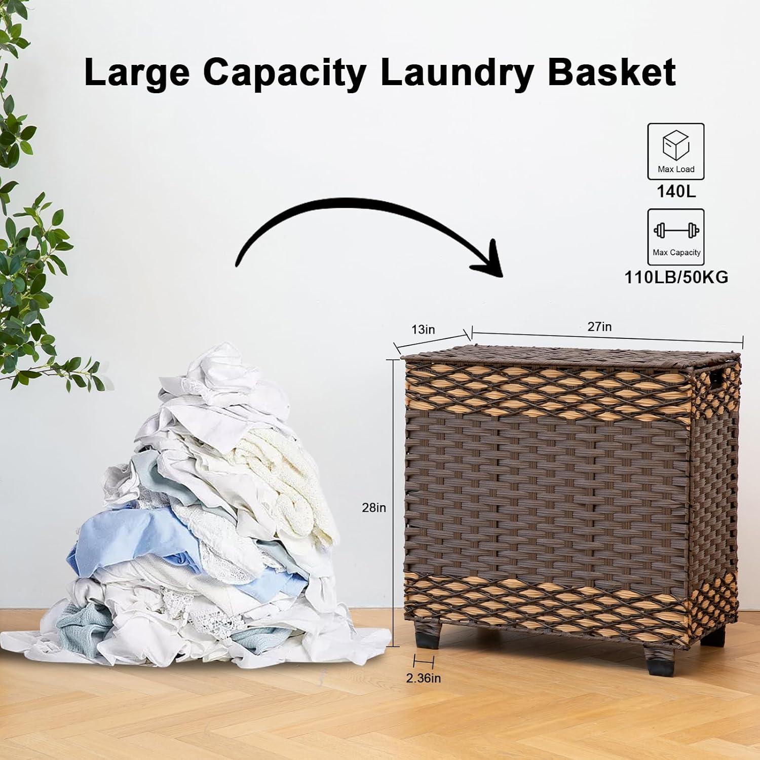 OIAHOMY Laundry Hamper with Lid, 140L Clothes Hamper with 3 Removable Liner Bags, Foldable Basket with Lid, Synthetic Wicker Laundry Basket for Bedroom, 27x 13 x 26 Inches, Brown