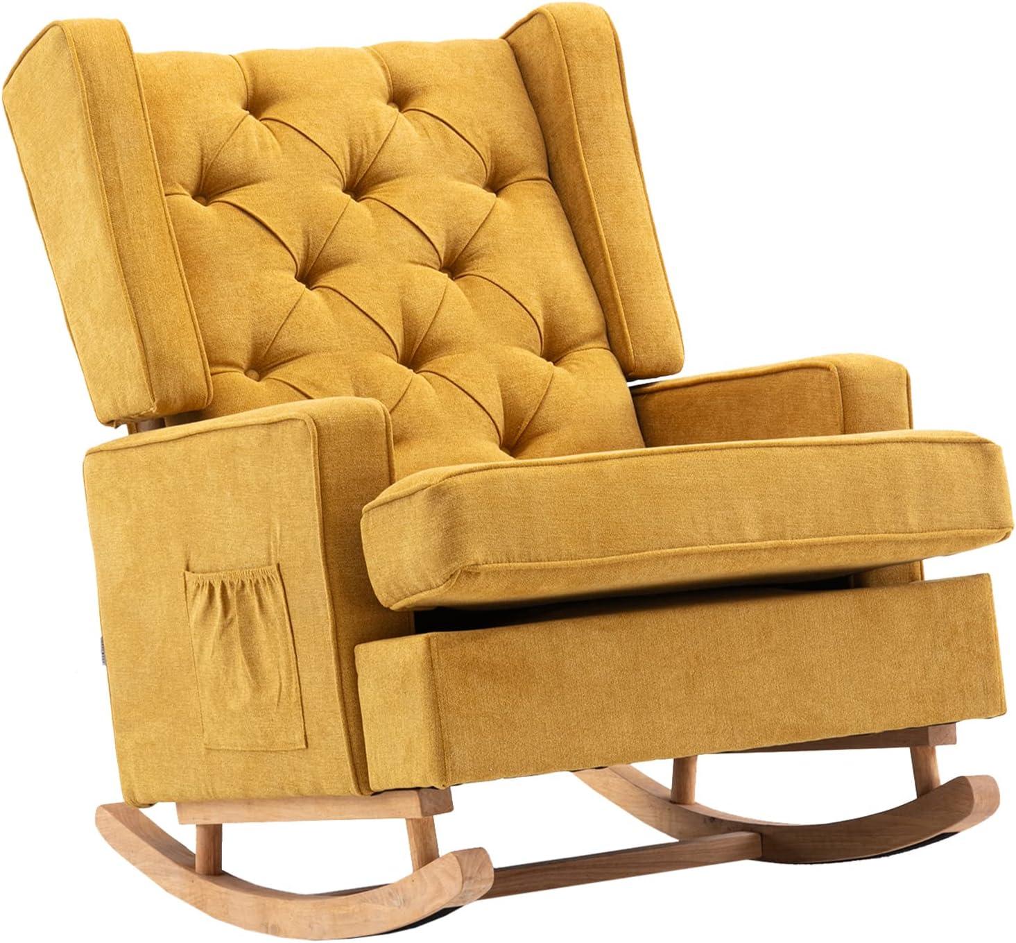 Fabric Rocking Chair with Side Pocket Mid-Century Modern Nursery Rocking Armchair w/Wood Frame Upholstered Tall Back Accent Glider Rocker for Living Room(Mustard + Polyester)