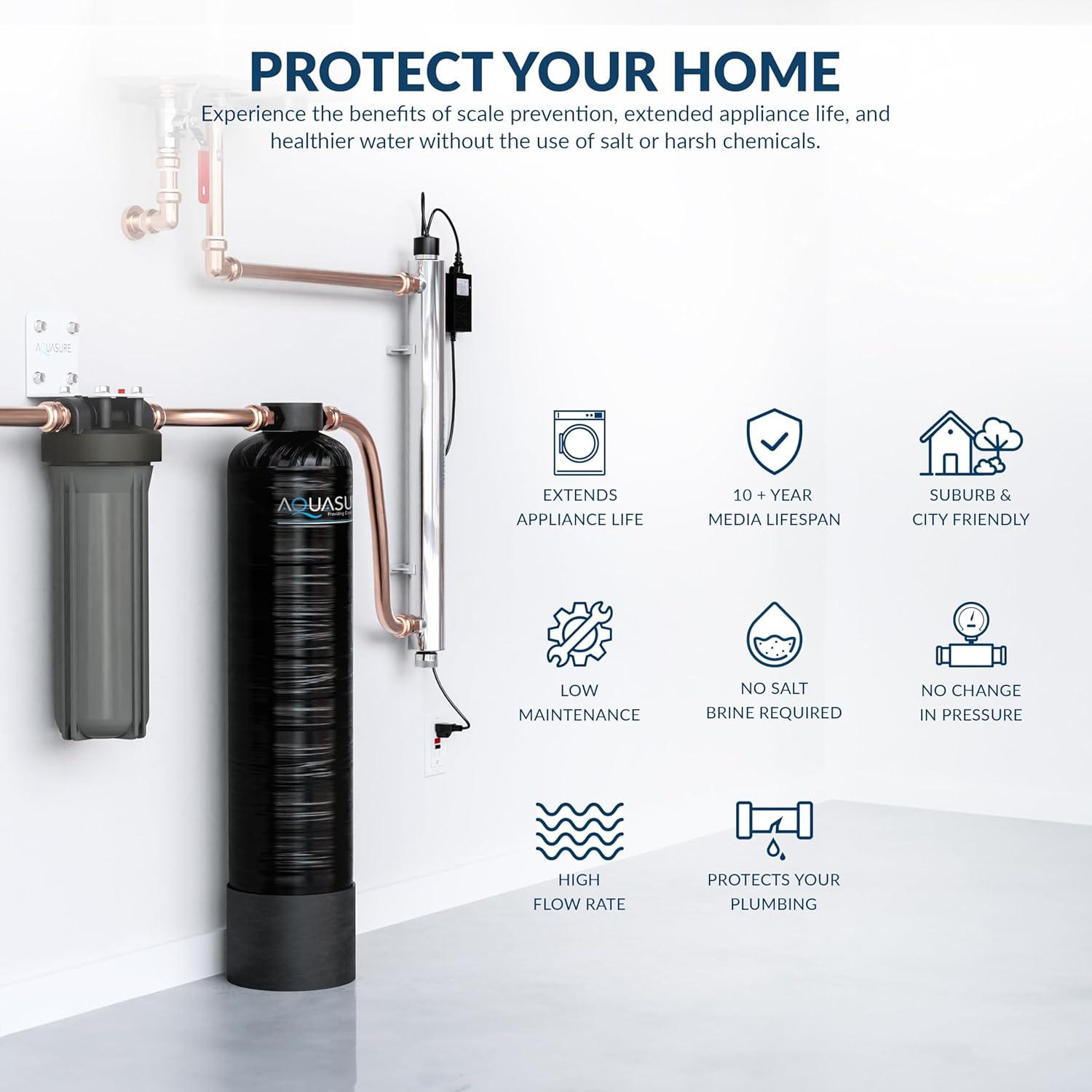 Aquasure 800K Gallons Whole House Salt-Free Water Conditioning/Descaler System with Triple Purpose Pre-Filter and 8 GPM UV Sterilizer