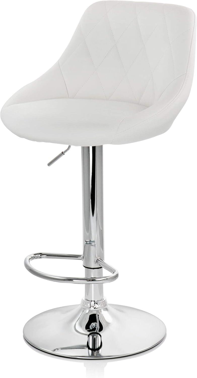 Elama 2 Piece Diamond Stitched Faux Leather Bar Stool in White with Chrome Base  and Adjustable Height
