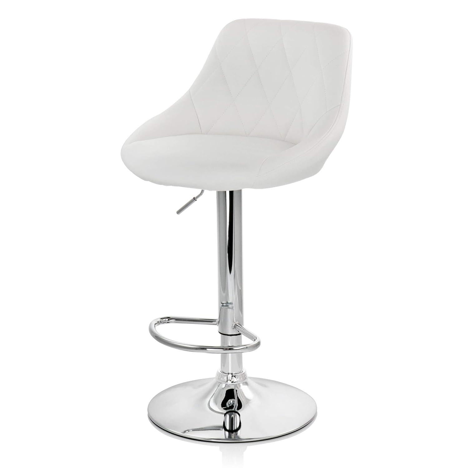 Elama 2 Piece Diamond Stitched Faux Leather Bar Stool in White with Chrome Base  and Adjustable Height