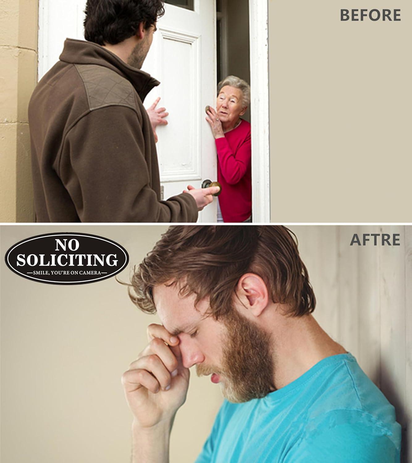 No Soliciting Sign, No Solicitors Sign for Front Door, 2 Pack Self-Adhesive Aluminum Metal No Solitation Do Not Knock or Ring Bell Sign, 7.0 x 3.0 inches Weather Resistant Signs for Home Doorbell Busi