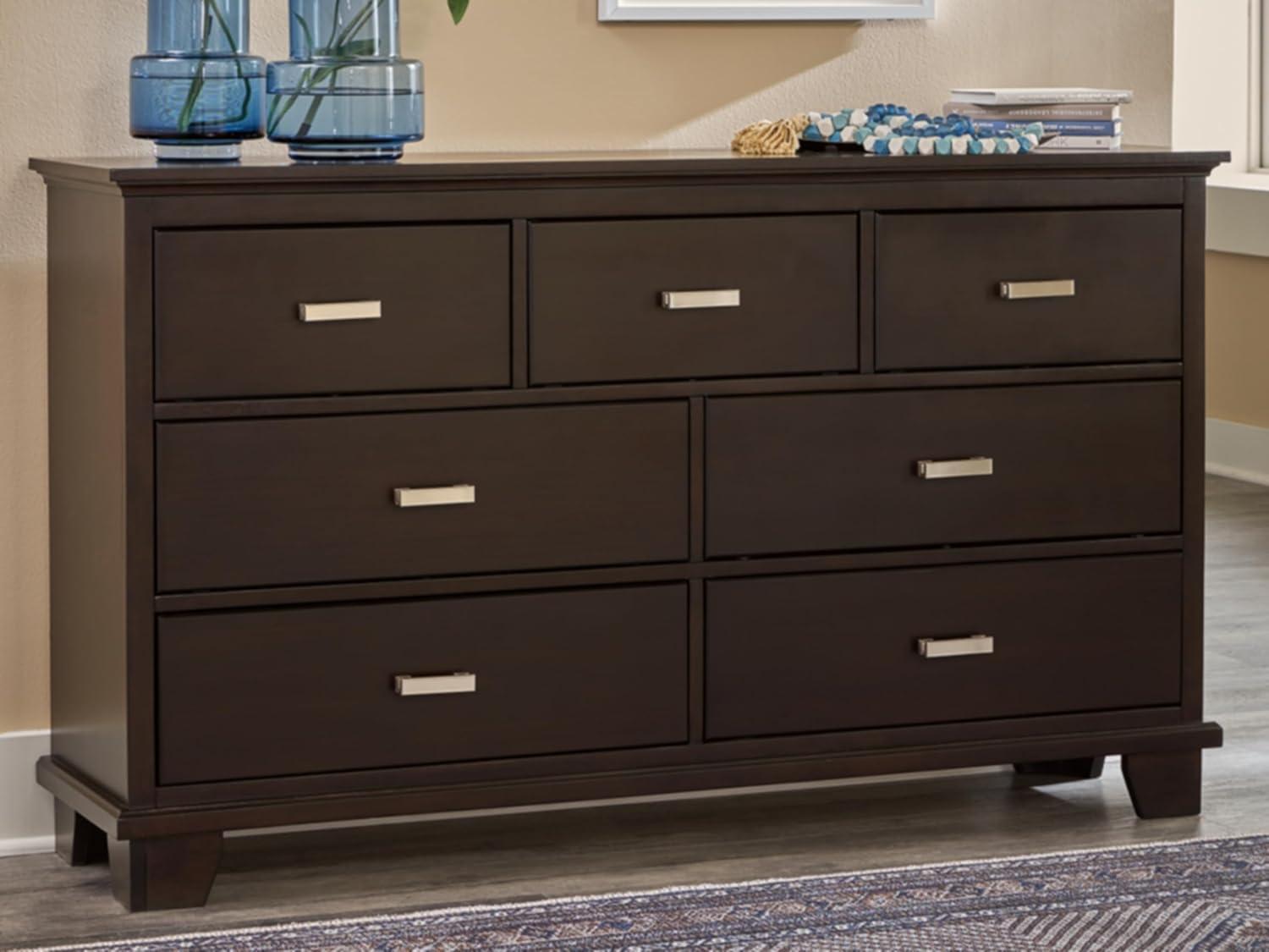 Dark Brown Contemporary Dresser with Mirror and Dovetail Drawers