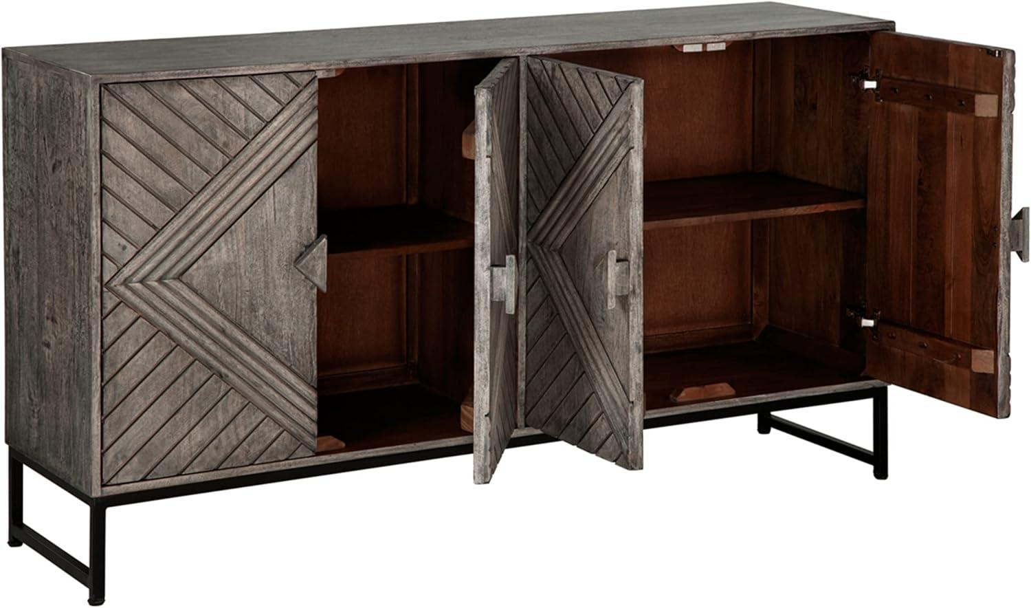 Distressed Gray Wood Accent Cabinet with Art Deco Doors